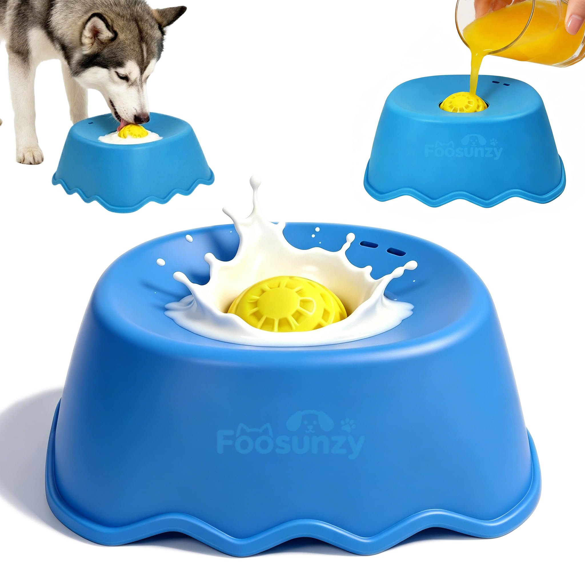 Slow Feeder Dog Bowls for Liquid Treats with Rolling Ball, Interactive Dog Lick Bowl for Bone Broth, Yogurt & Wet Food, Anti-Slip Lick Toy for Anxiety Relief & Post-Op Nutrition (1, Blue)