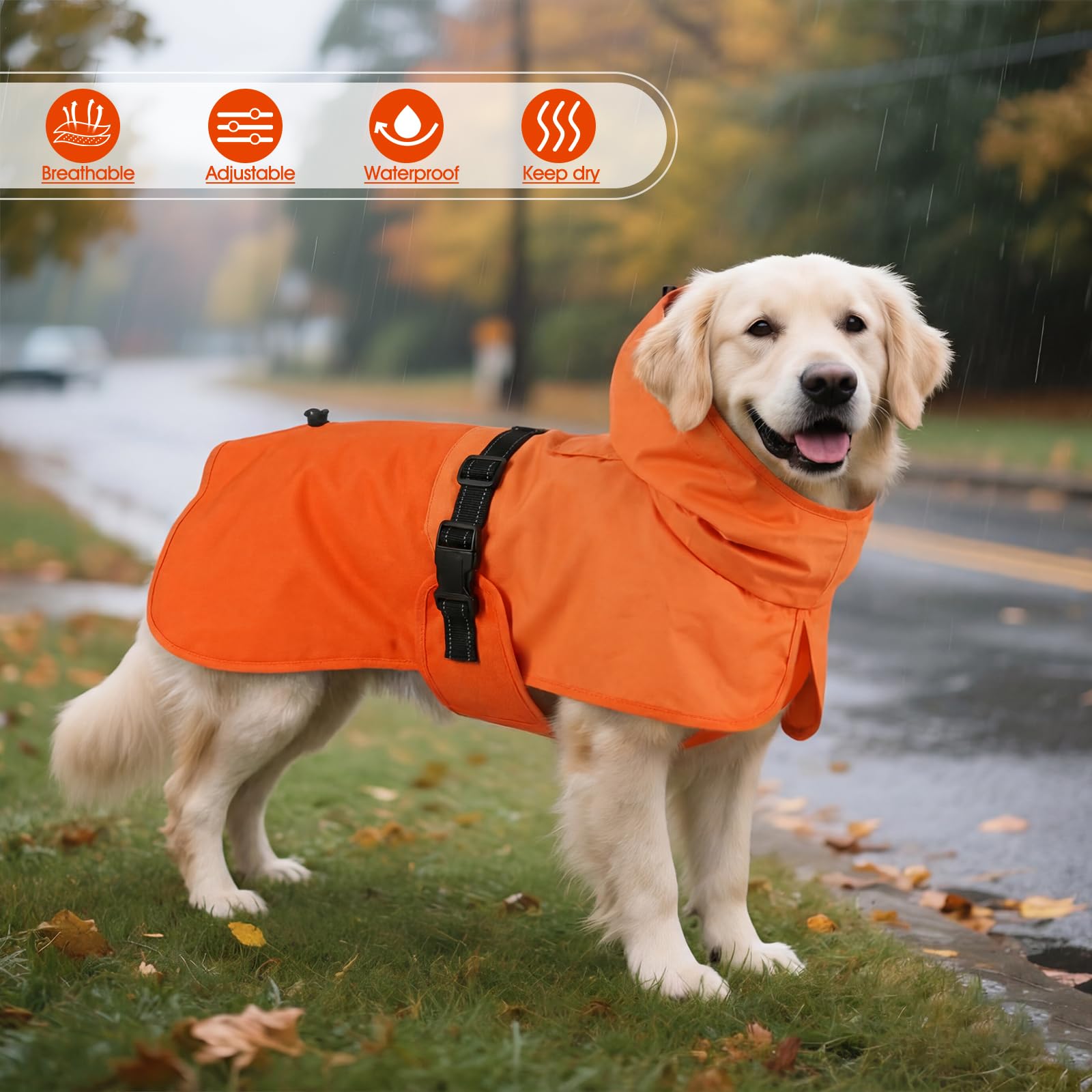 BRKURLEG Dog Raincoat for Small Medium and Large Dogs Waterproof Dog Rain Jacket Adjustable Hooded Dogs Raincoat Pet Rain Coat Poncho with Leash Hole, Reflective Strip, Orange, M