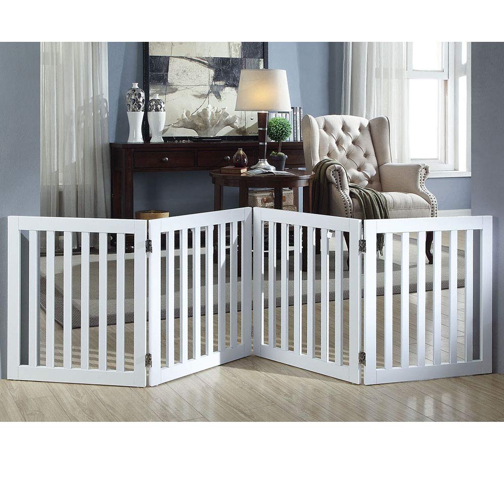 unipaws 24”H Free Standing Pet Gate for Dog Cat, Wooden Gates for Doorway, Stairs, Step Over Foldable Pet Fence for The House, Expandable Dog Barrier, Indoor Use, White