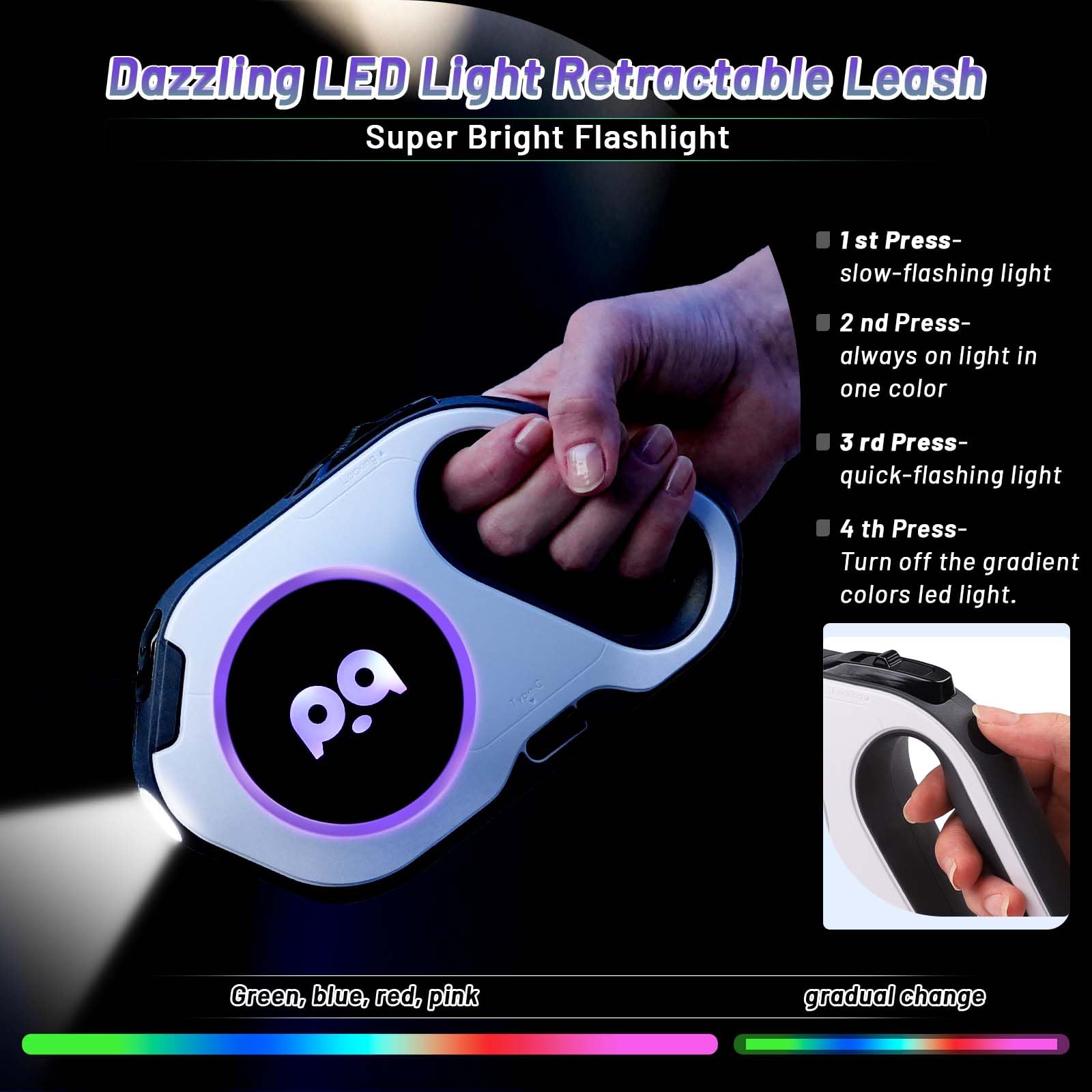 QQPETS Retractable Dog Leash with Rechargeable LED Light - 16 ft Strong Nylon Tape for Night Walks up to 88lbs Pet - 360° Tangle-Free One-Handed Brake, Pause, Lock (White)