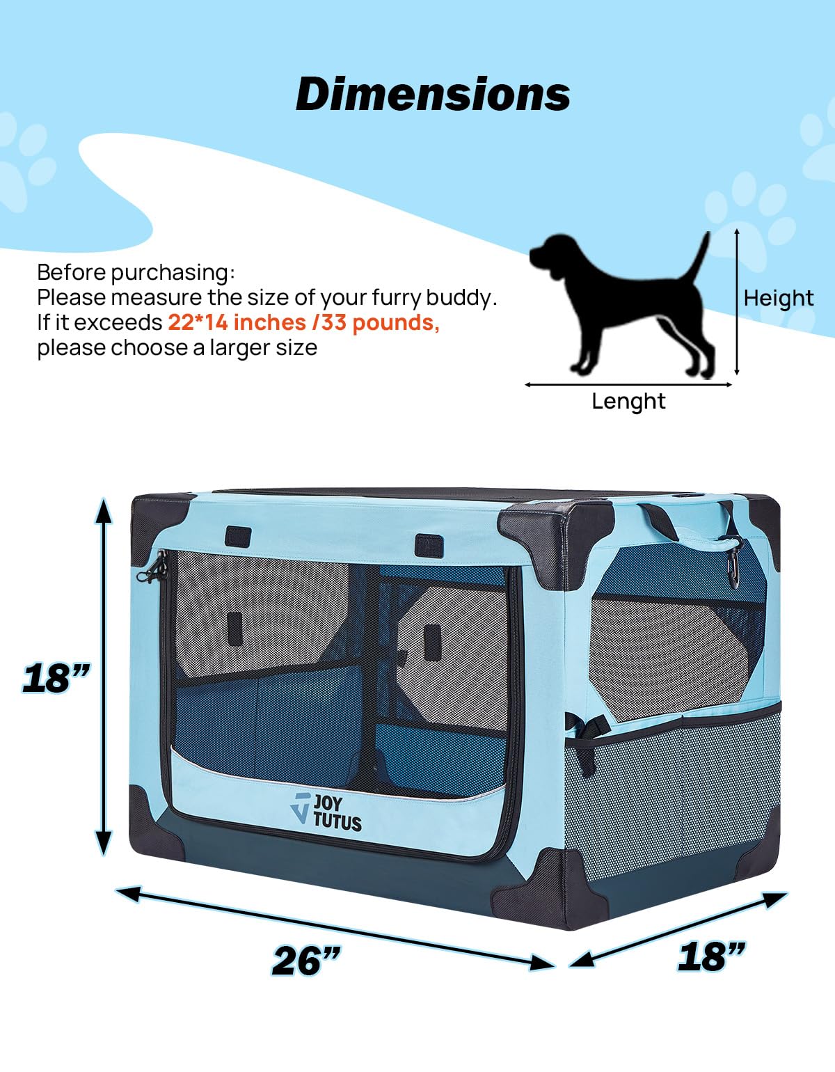 JOYTUTUS Collapsible Dog Crate, 26 Inch Portable Pet Crate for Car, Travel Dog Kennel Foldable Dog Crate for Medium Dog 44lbs, Soft Cat Carrier Fit for Indoor & Outdoor/Car Back Seat/Trunk (Orange)