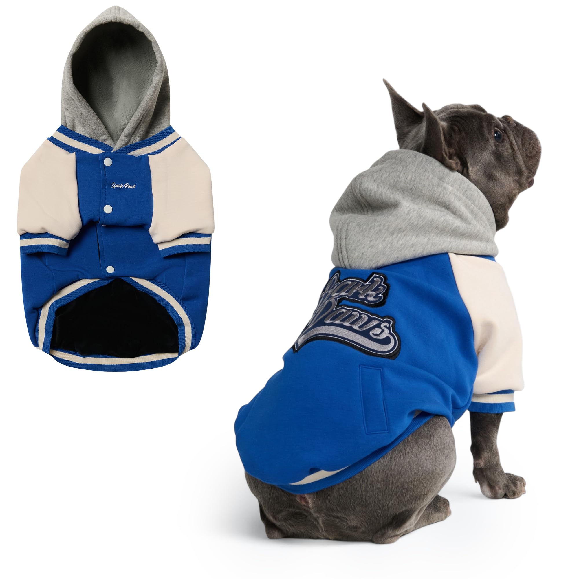 Spark Paws Varsity Dog Hoodie – Premium Dog Sweater for Small, Medium, and Large Dogs | Warm Clothes for Pets, Winter Jacket Alternative - Blue - XL
