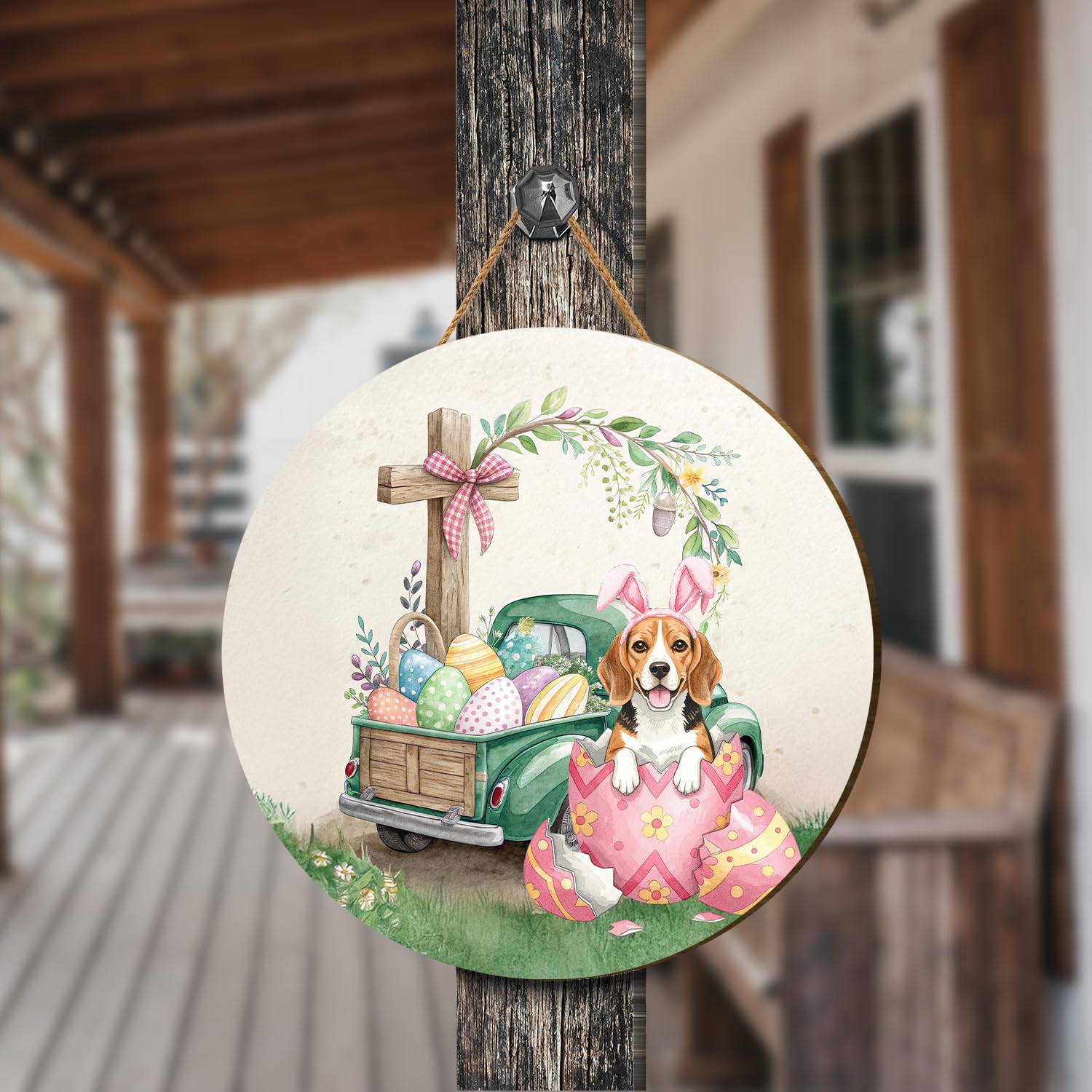 Easter Egg Beagle Bunny Ear Welcome Spring Truck Round Wood Sign Beagles Dog Lover Gifts Idea Hanging Wall Home Decor 12002