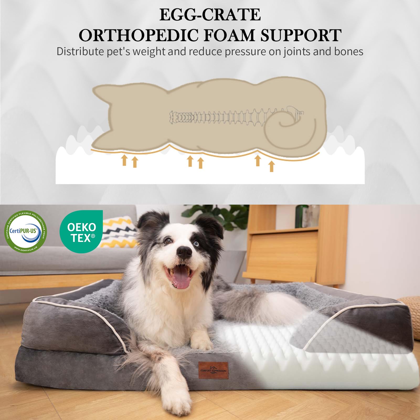 Comfort Expression Orthopedic Dog Bed for Extra Large Dogs 42x30 Inch, Waterproof Egg Crate Foam XL Pet Bed with Removable Bolsters, Dog Couch with Washable Cover & Non-Slip Bottom, Grey