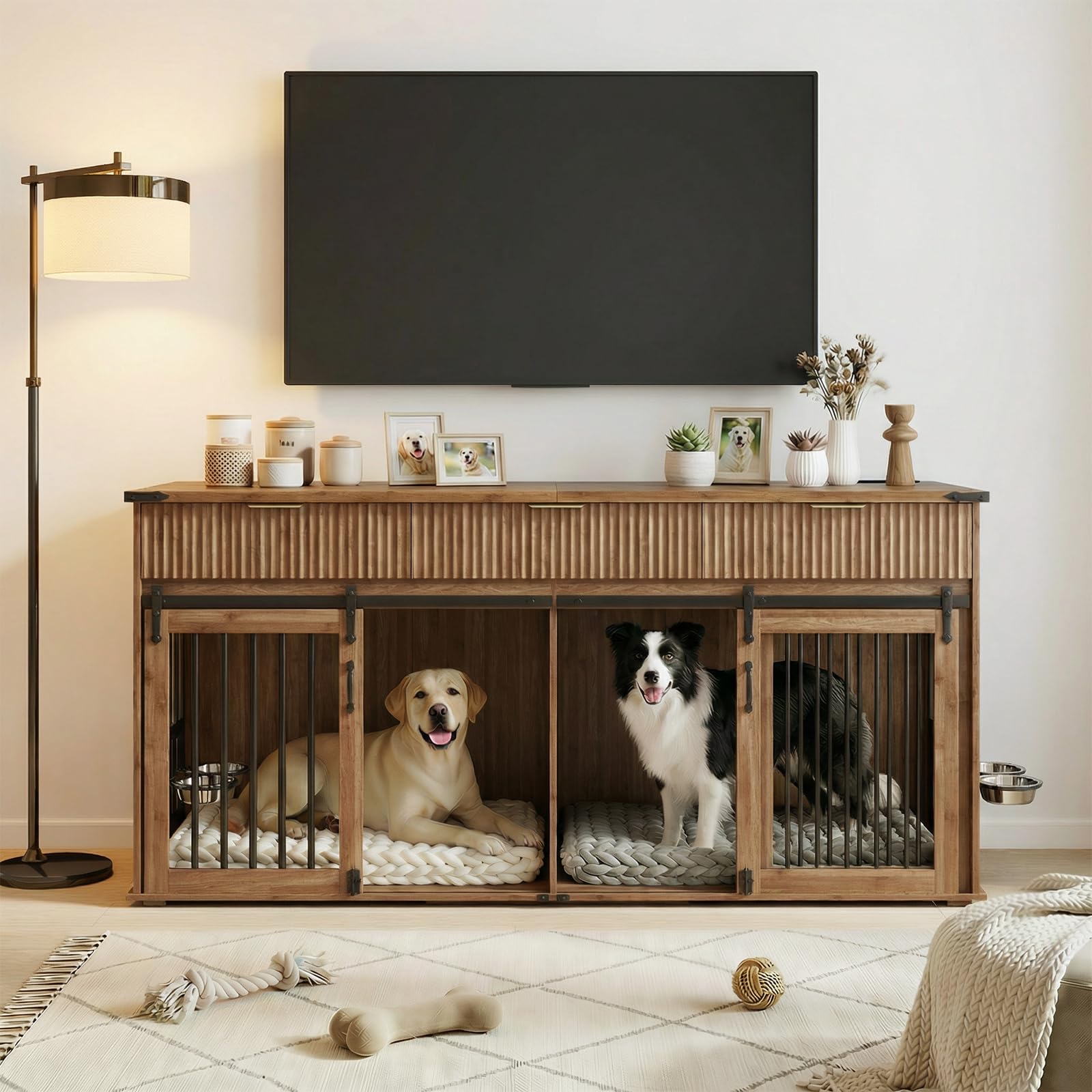 71'' Dog Crate Furniture for 2 Dogs, Wooden Double Dog Kennel with Removable Divider & 360° Rotating Feeder, 3 Fluted Drawers, Charging Station, TV Stand or Side Table (White)