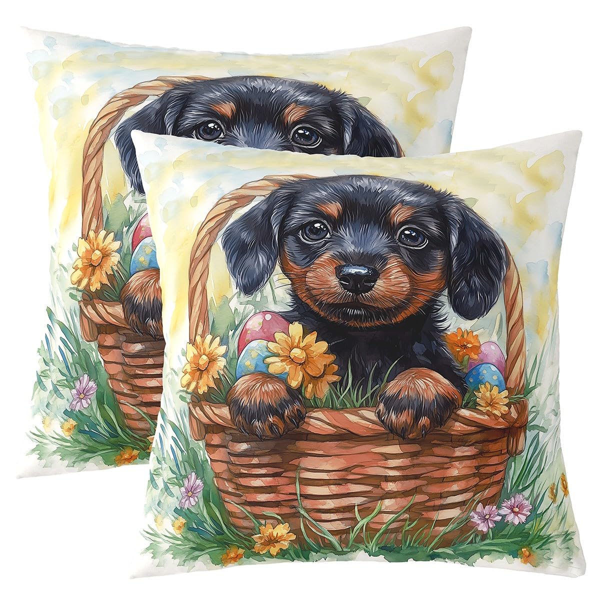 Cute Dog Throw Pillow Covers Set of 2 Happy Easter Eggs Cushion Covers for Couch Sofa Spring Style Lovely Puppy Decorative Pillowcases Soft Outdoor Pillows Covers,16"x16"