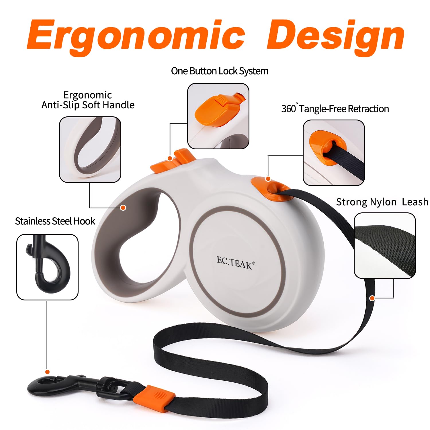 Retractable Dog Leash, 16 FT/26 FT Dog Leash Retractable for Small/Medium/Large Dogs up to 110 lbs, Strong Nylon Tape, Tangle Free, One-Hand Brake (White/Orange, Large)