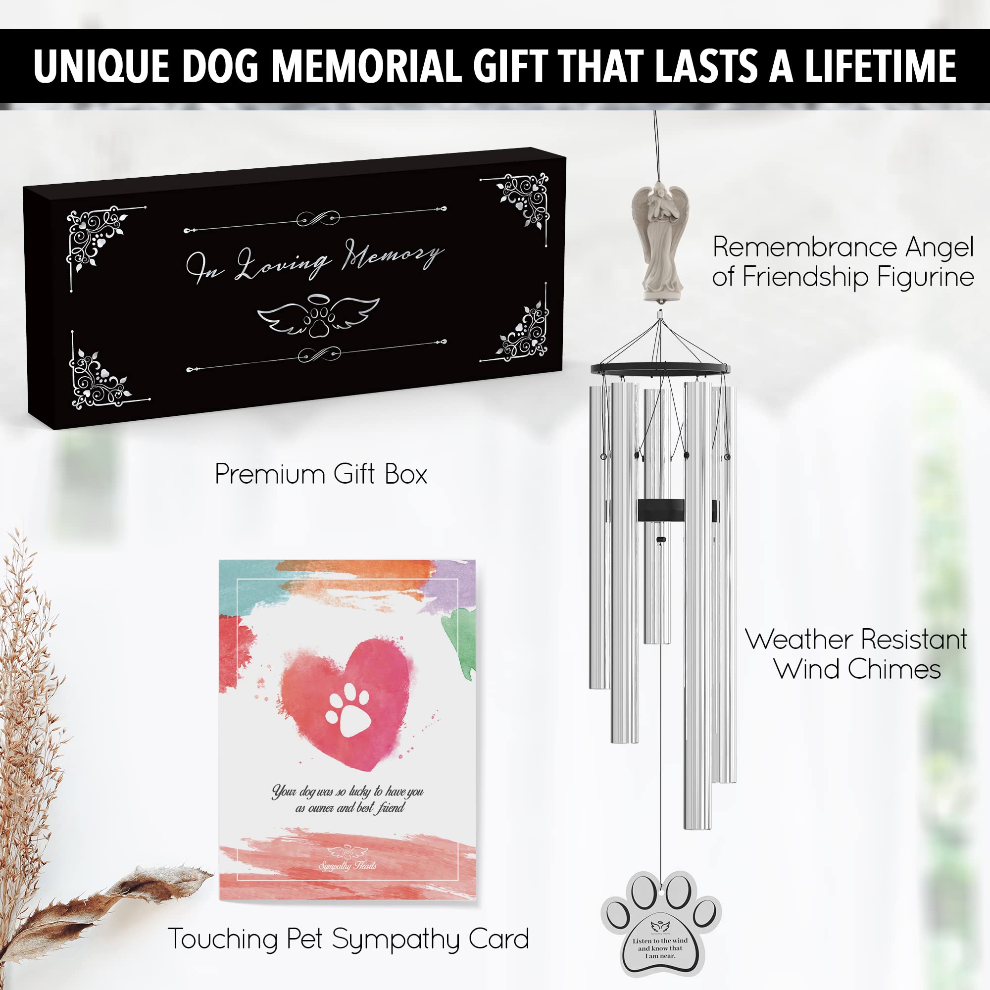Dog Memorial Gifts for Loss of Dog - 34" Pet Memorial Wind Chimes, in Memory Sympathy Gift, Remembrance Bereavement, Passing Away Rainbow Bridge Windchime