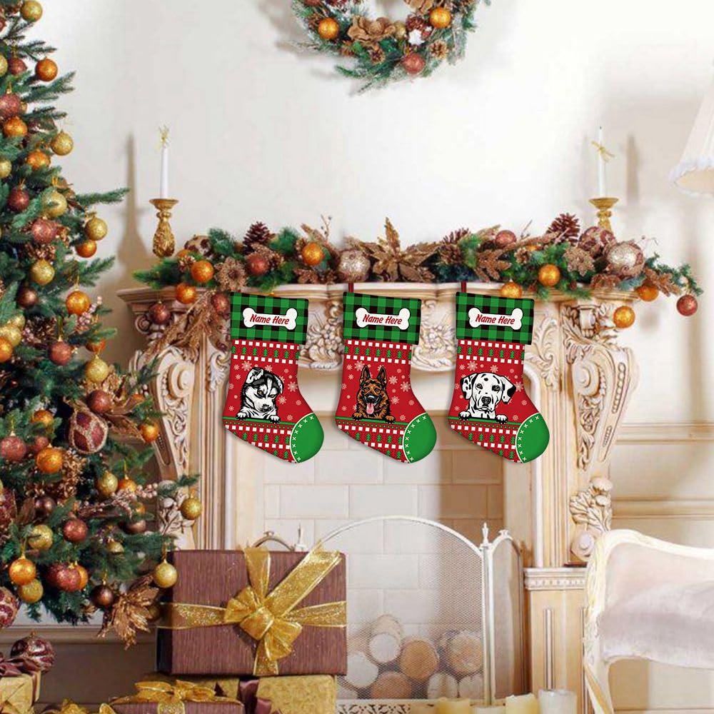 MALIHONG 3 Pack Customize Merry Christmas Red Stockings with Cute Dog Cocker Spaniel Bone Green Buffalo Plaid Snowflake 14.4"