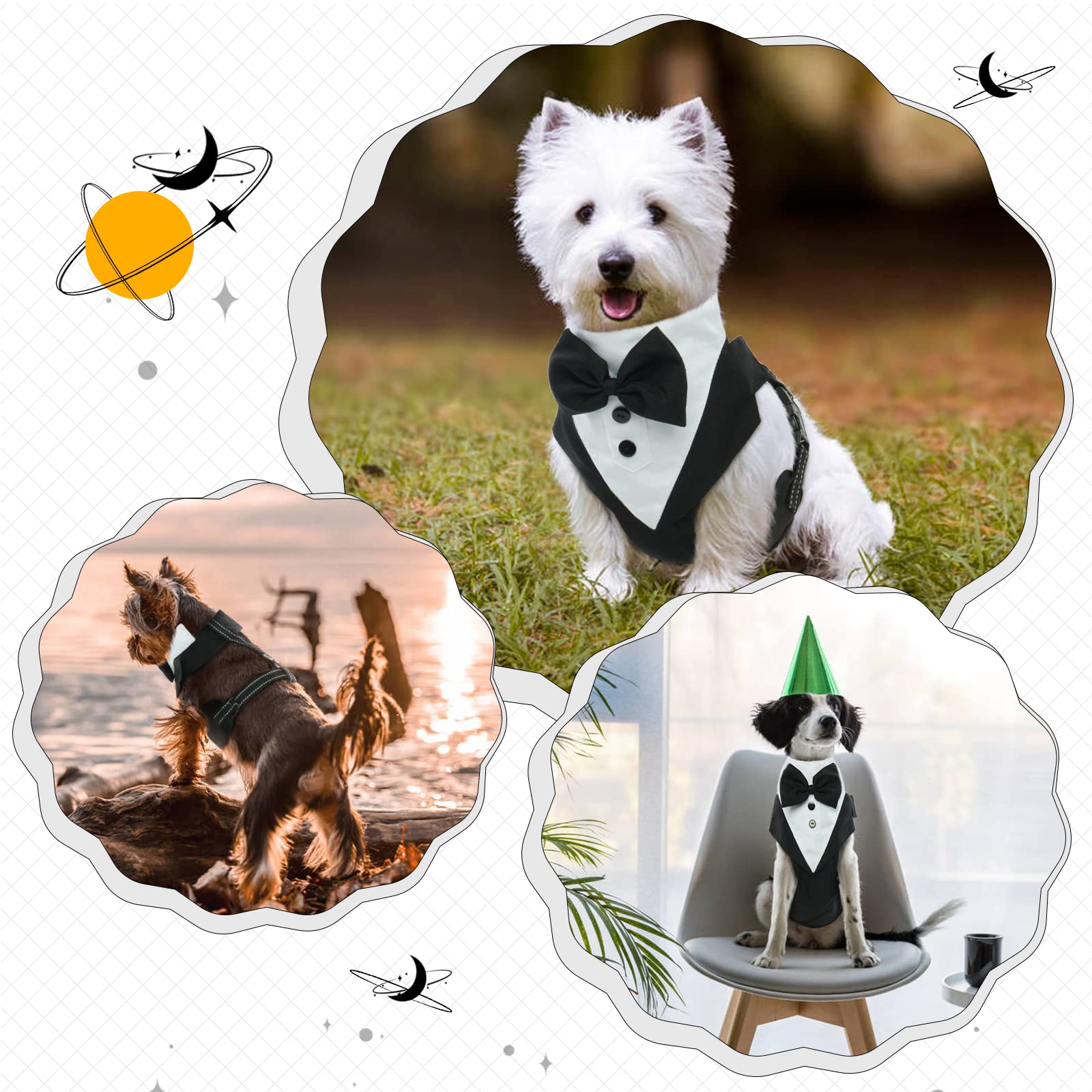 OUOBOB Dog Tuxedo Harness, No Pull Dog Tuxedo Vest Harness with Leash, Adjustable Doggie Wedding Suit Costume with Bow Tie for Small Medium Dogs, Birthday, Walking (Balck M)