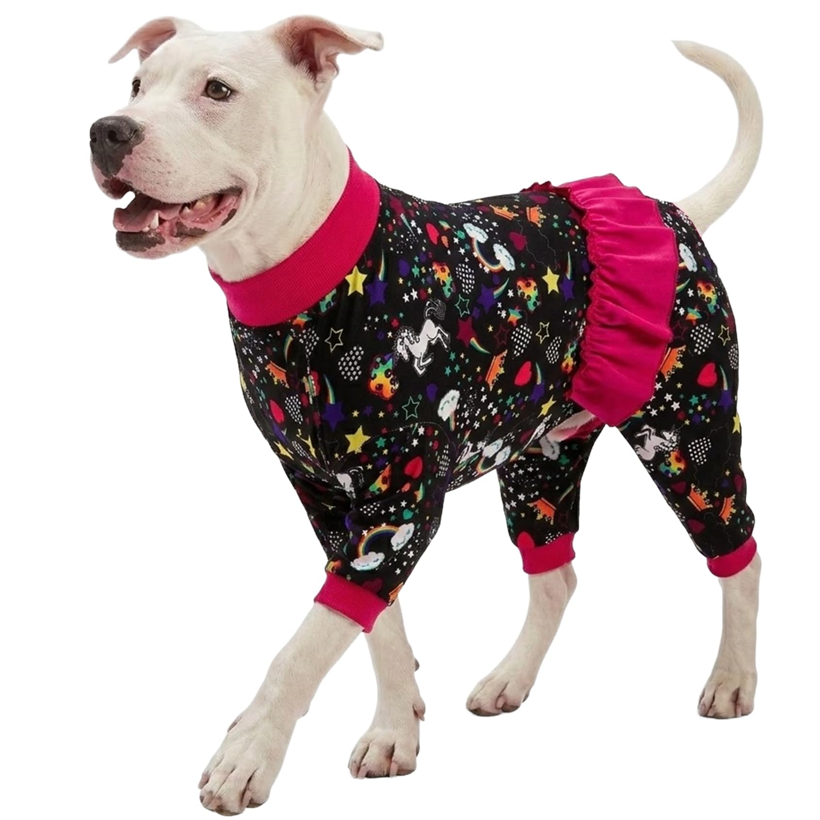 LovinPet Large Breed Dog Pajamas, Wound Care/Post Surgery Recovery Shirt for Large Dogs, Unicorn and Rainbow Black Print, Stop Shedding for Dogs, Pitbull Clothes, Bodysuit Dog Jammies, 2XL