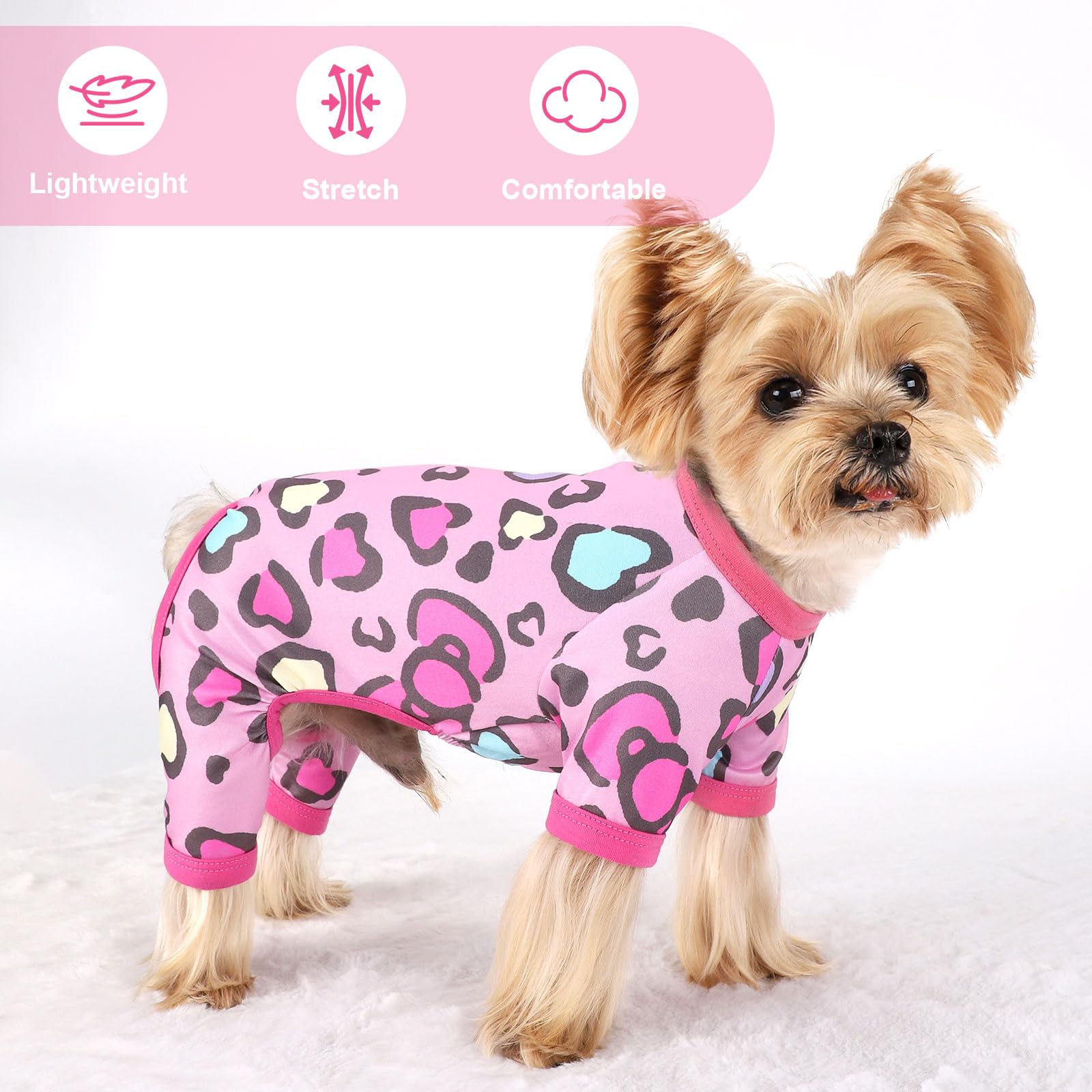 Yikeyo Dog Pajamas for Small Dogs,Stretchy Dog Pjs Clothes, Stretchy Puppy Jammies Onesie, 4 Legs Comfy Doggie Pjs, Lightweight Soft Puppy Outfit for Small Size Girl Boy(Pink Heart,M,Chest 14.9 in)