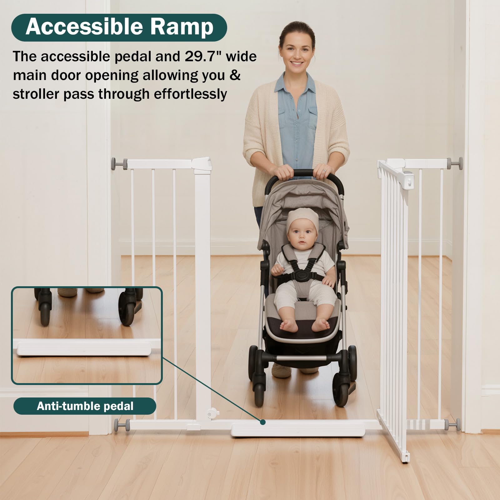 Mumeasy 36" Extra Tall Dog Gate, Auto Close Baby Gate for Stairs Doorways, 29.7-46" Wide Walk Thru Child Safety Gate for House, Easy Install Pressure Mounted Metal Pet Gate with Door, White