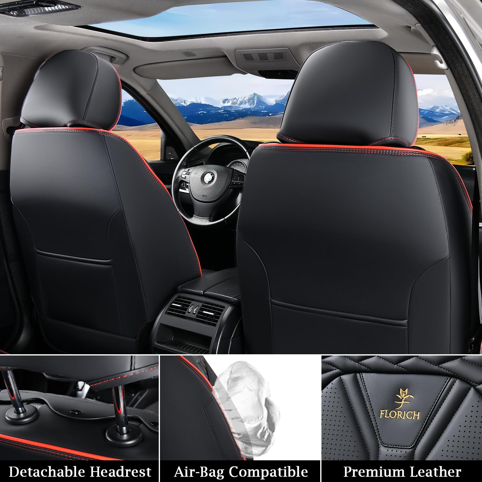FLORICH Seat Covers for Cars, Waterproof Seat Covers, Leather Car Seat Covers 2 Pack, Universal Seat Cushion Protector for Most Cars Trucks SUV-Black&Red Line