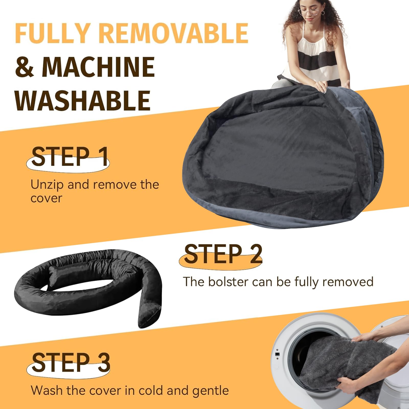 WOZOKE Orthopedic Dog Bed for Large Dogs, Waterproof Dog Bed for Large Size Dogs with Bolsters, Egg Crate Foam Sofa Bed with Washable Removable Cover & Non-Slip Bottom, Dark Grey