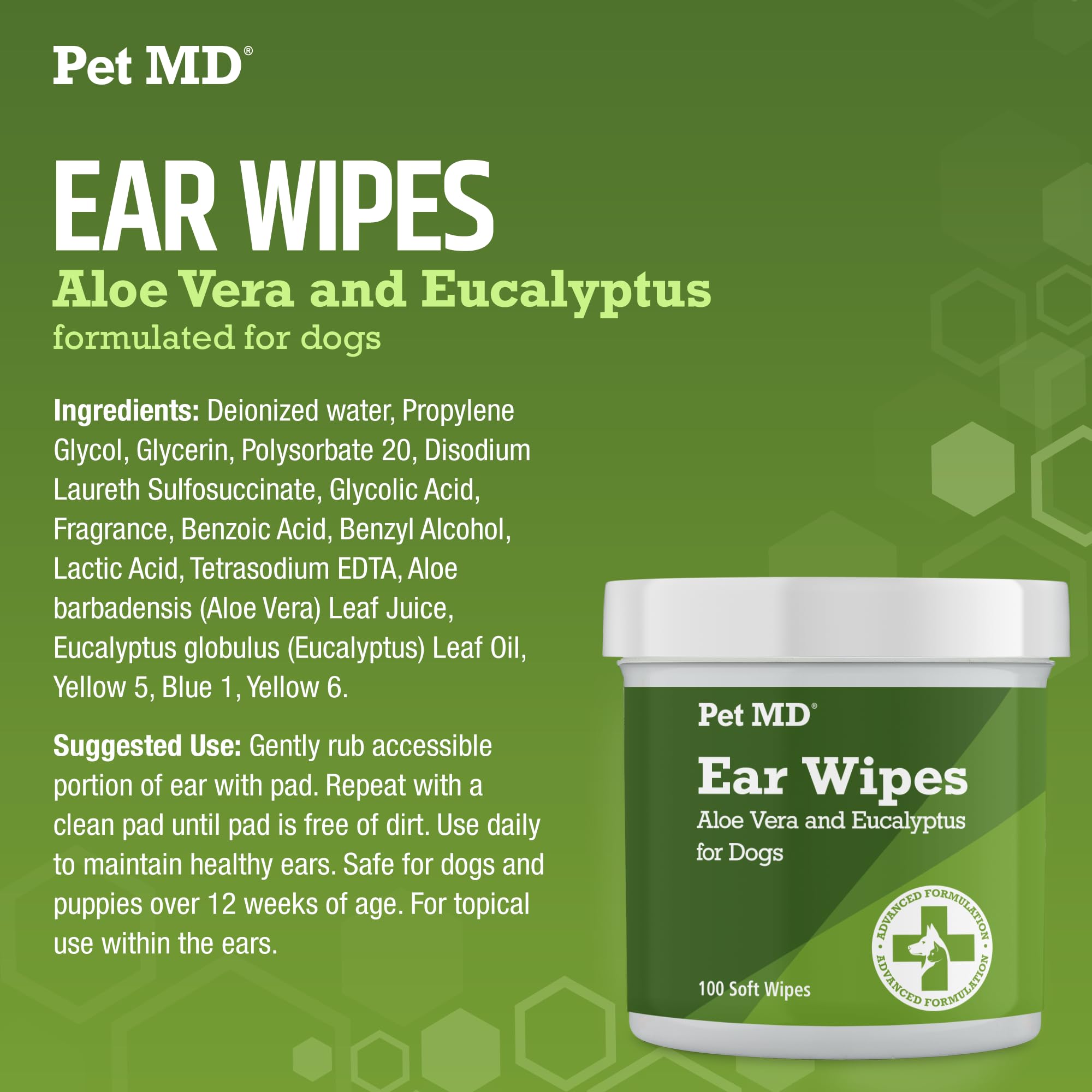 Pet MD Dog Ear Cleaning Wipes – Otic Cleanser for Dogs, Soothing Ear Care with Aloe Vera & Eucalyptus, Regular Wipes, 100 Count