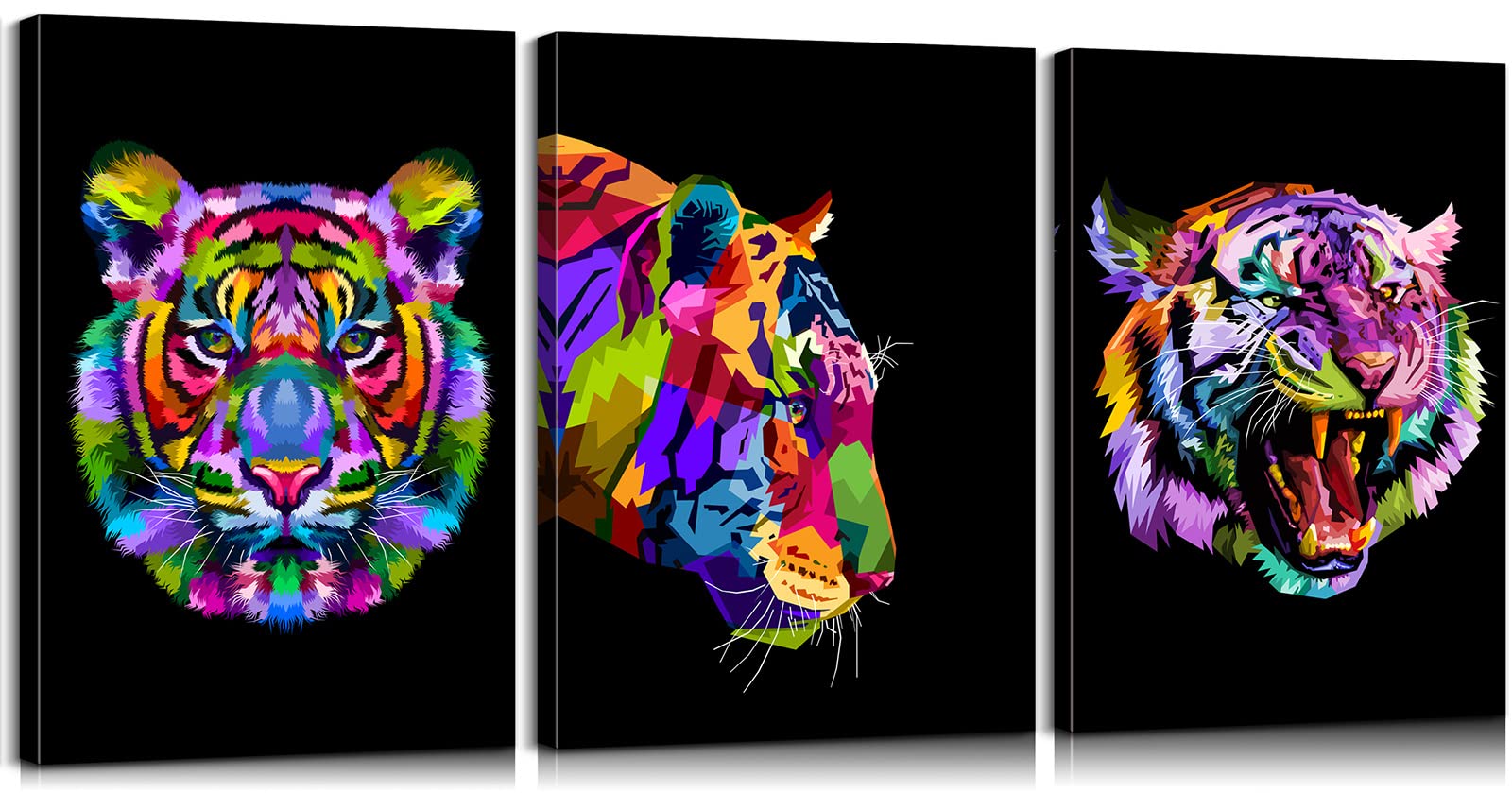 3 Pieces Pop Art Animal Wall Art - Tiger Poster & Canvas for Living Room & Bedroom Decor (12''Wx16''Hx3)