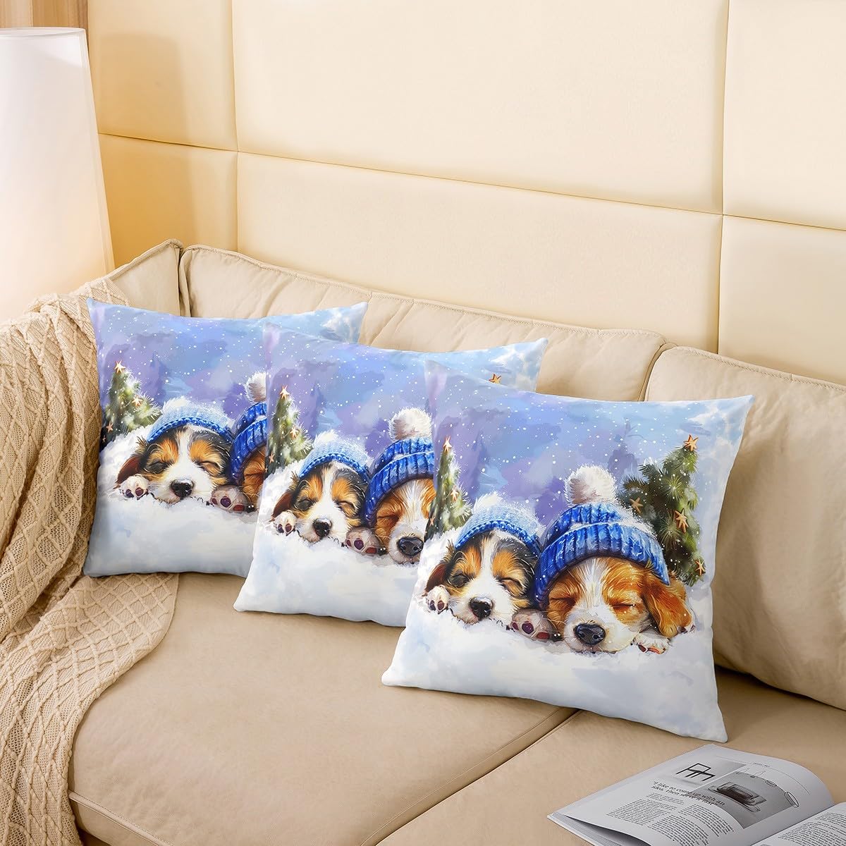 Manfei Lovely Puppies Throw Pillow Covers Set of 2 Merry Christmas Snow Cushion Covers for Couch Sofa Cute Dog Winter Style Decorative Pillowcases Blue White Orange Outdoor Pillows Covers,16"x16"