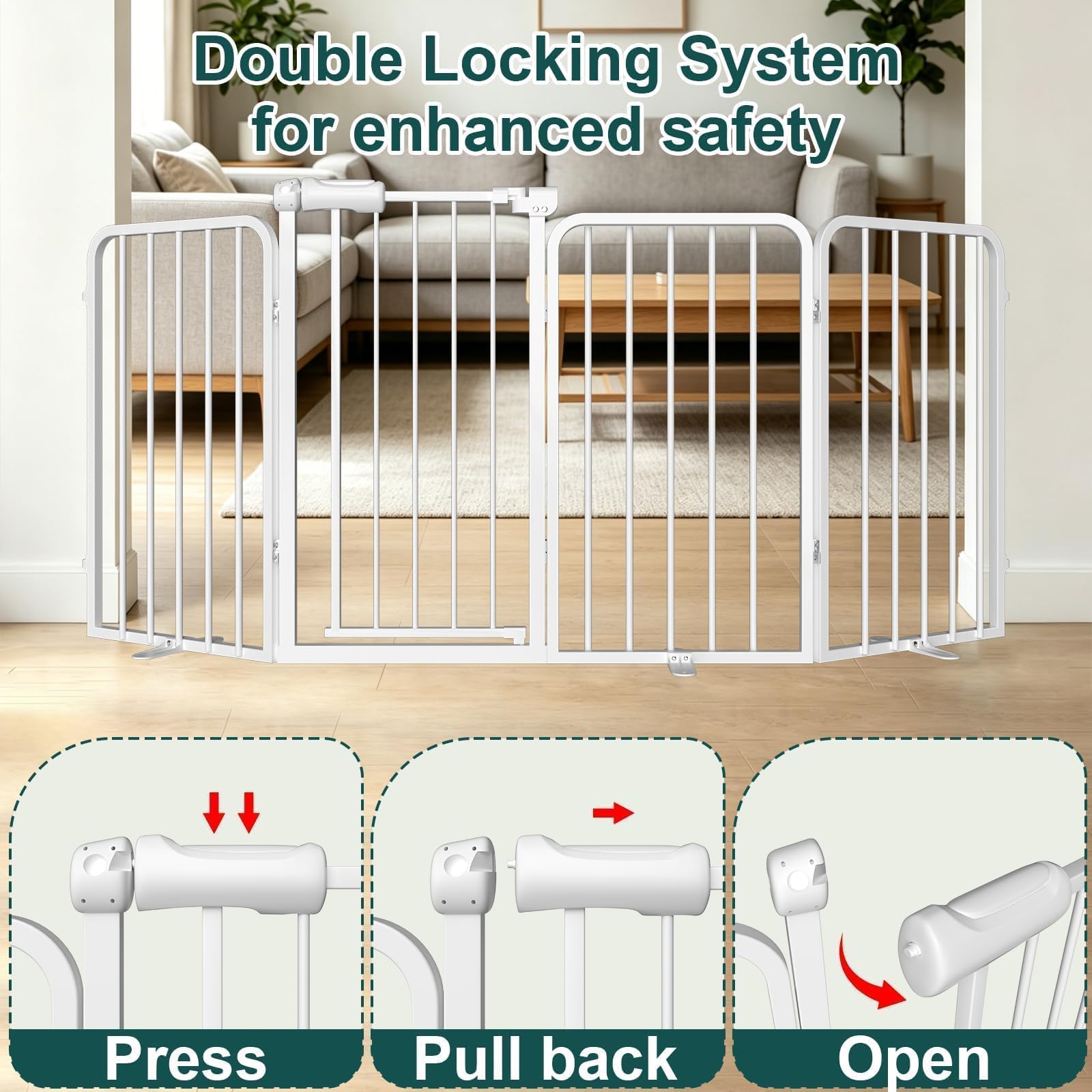 WAOWAO Heavy-duty Freetanding Dog Gate with Door, 106"Extra Wide 30"Tall Metal Puppy Pet Gate for Indoor, Foldable Gate for Doorways, Stairs, Hallways, House, Free Standing /Wall Mounted Gate 6 Panels