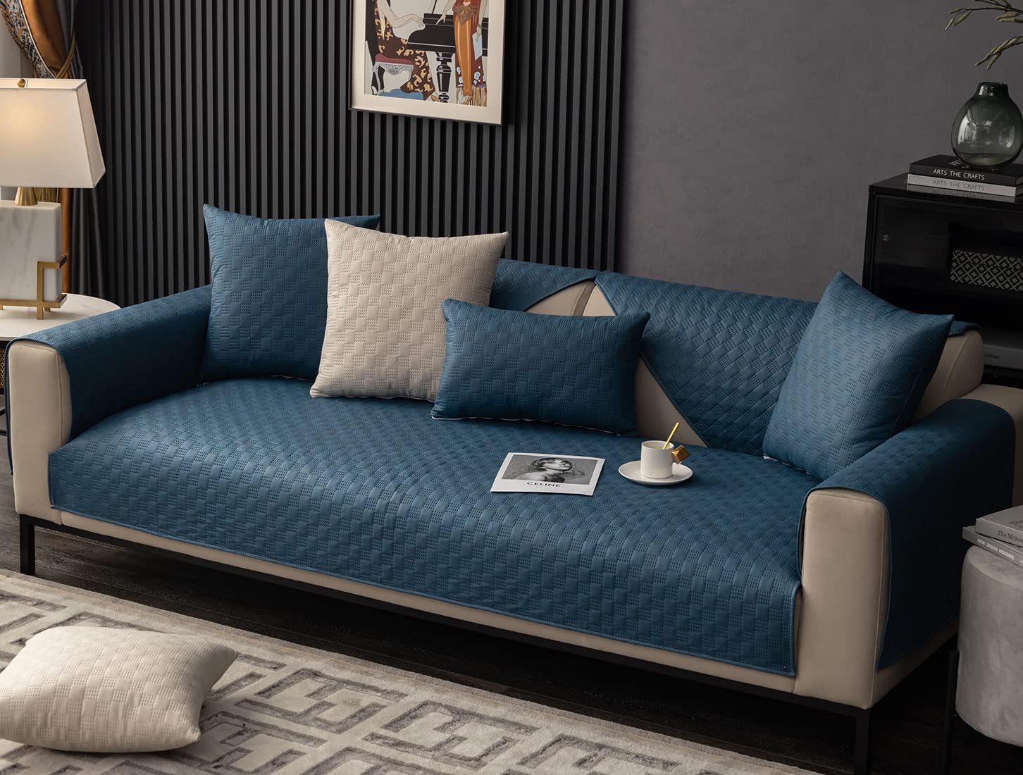 vctops Luxury Water Resistant Quilted Sofa Cover Faux Suede Plaid Sectional Couch Cover Anti-Slip Sofa Slipcover for Dogs, Children, Pets Furniture Protector (Dark Blue,36"x36")