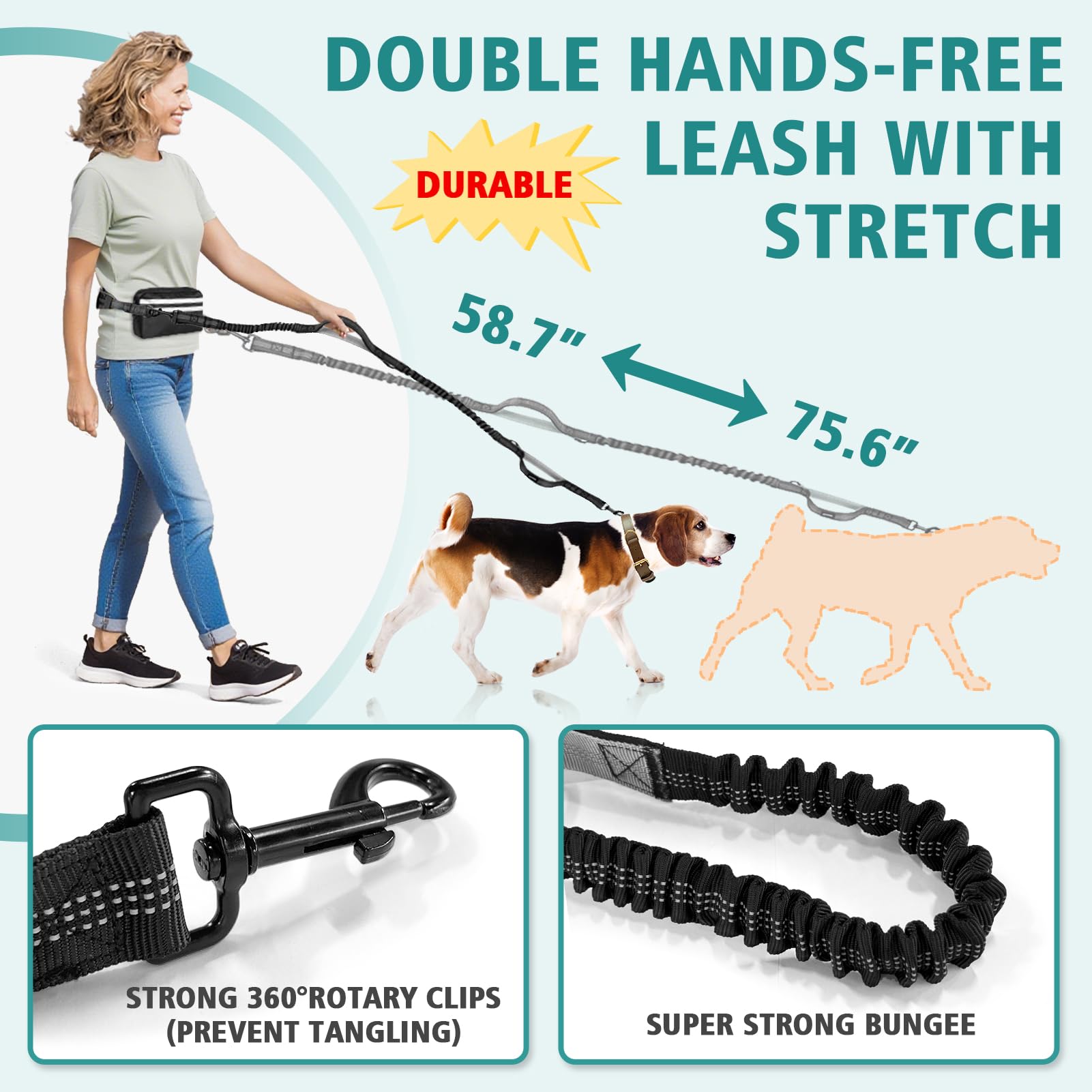 Godyoy Hands Free Dog Leash for 2 Dogs with Safety Lock and Extra-Thick Waist Belt, Waist Leash for Dog Walking Running, Double Retractable Dog Leashes for Two Dogs with Double Padded Handles, Black