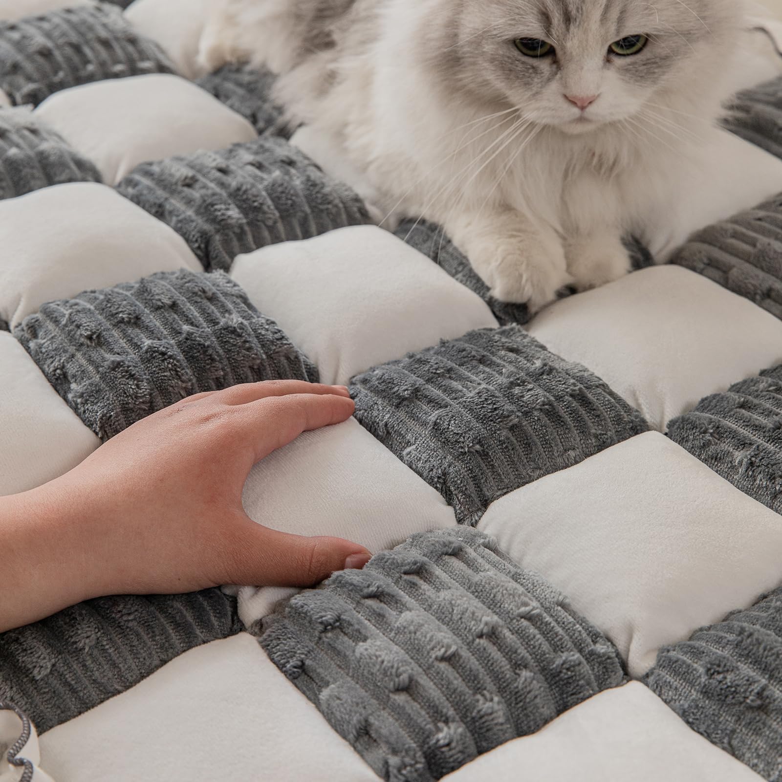 DREAMINGO Couch Cover for Dogs Washable, Funny Fuzzy Pet Sofa Covers Non Slip, Modern Checkered Dog Bed Mat, Thick Soft Couch Cushion Protector for 3 Seat Sofa, Grey, 27.6"x70.9"