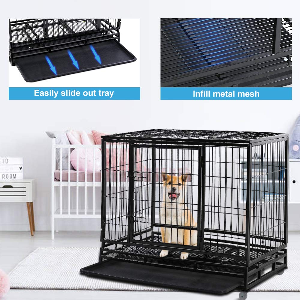 48" Heavy Duty Dog Crate – Large Metal Dog Cage with Lockable Wheels, Double Door & Tray – Secure Indoor Outdoor Kennel Playpen for Training – Strong Pet Enclosure, Black