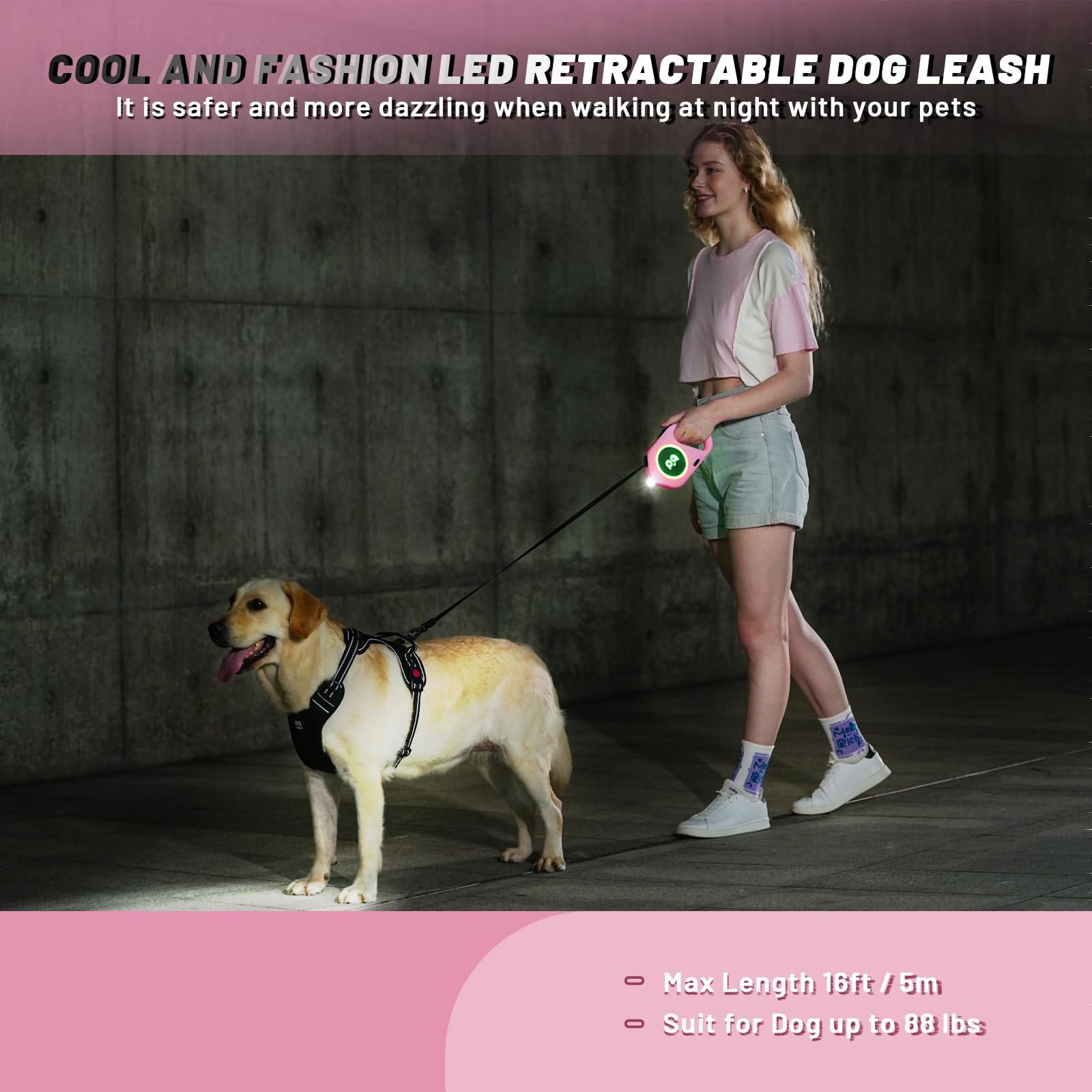 QQPETS Retractable Dog Leash with Rechargeable LED Light - 16 ft Strong Nylon Tape for Night Walks up to 88lbs Pet - 360° Tangle-Free One-Handed Brake, Pause, Lock (Pink)