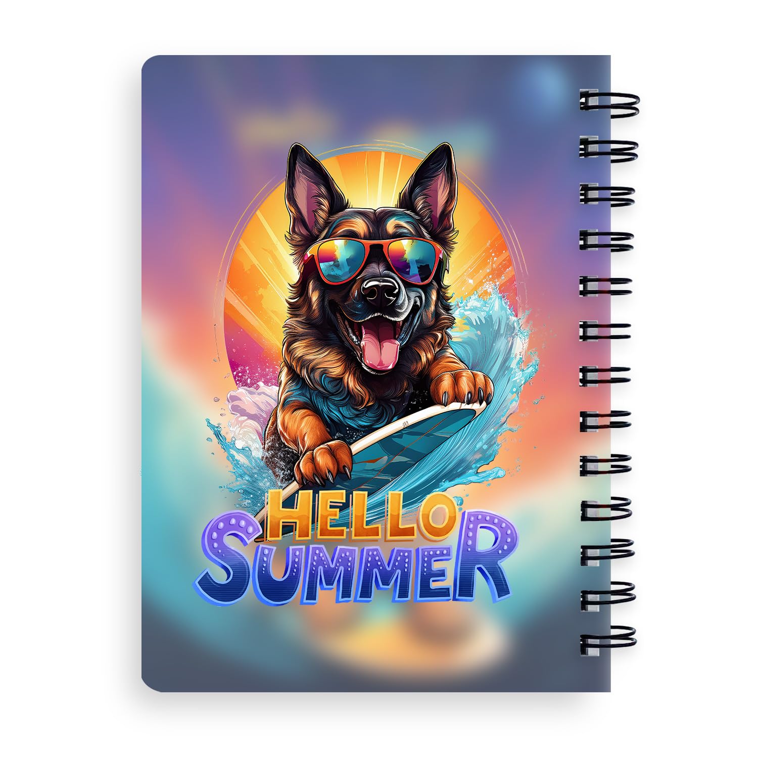 Ninety3POD Retro Surfing German Shepherd in Cool Sunglasses Hello Summer Waves Spiral Bound Journal Alsatian Dog Lover Gifts 5x7in Spiral Notebook 001