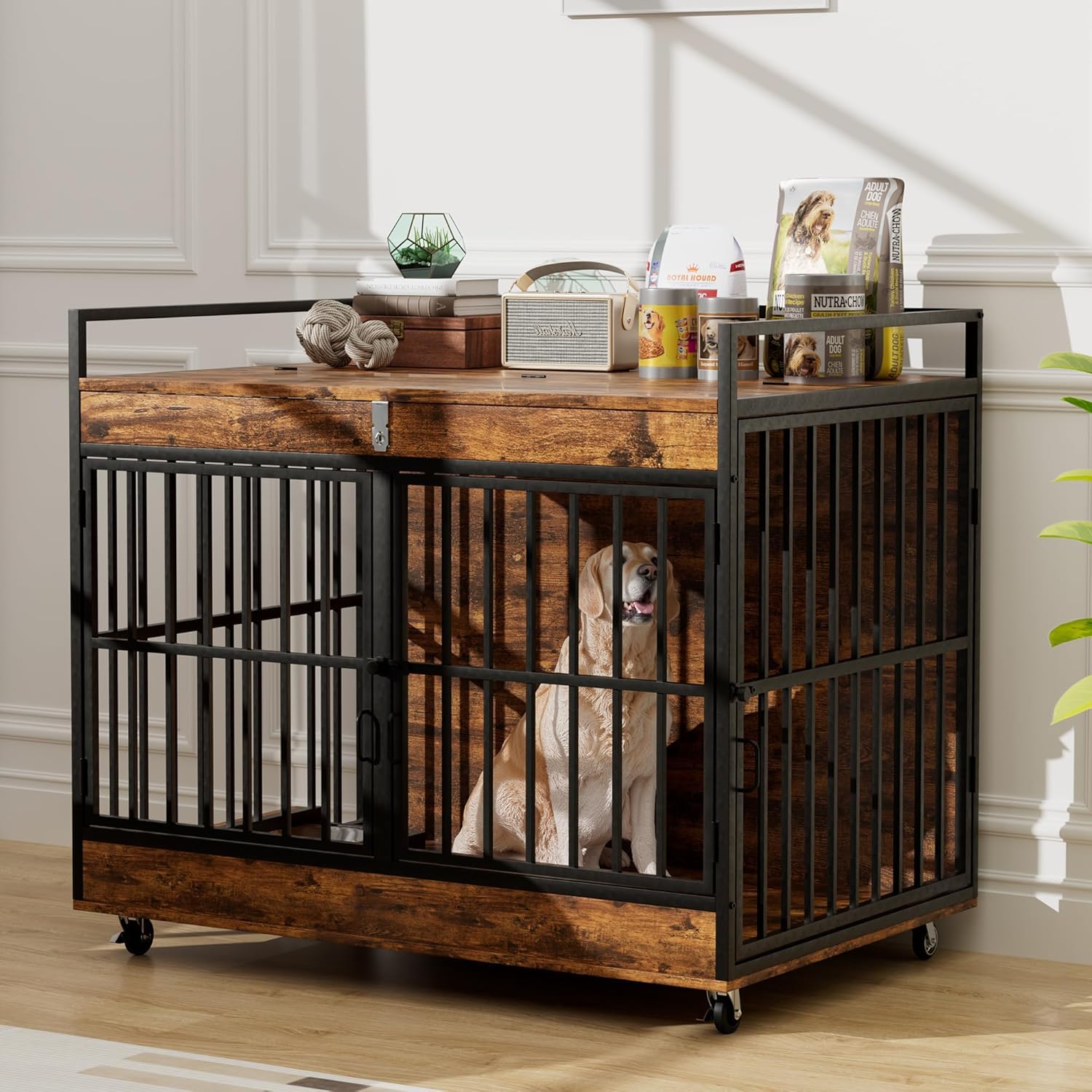 NEWBULAND 45 Inch Dog Crate Furniture for Large Dog with 2 Stainless Steel Bowls, Heavy Duty Dog Kennel Indoor, Large Wooden Dog Crate Table for Decorate House As TV Stand, End Table