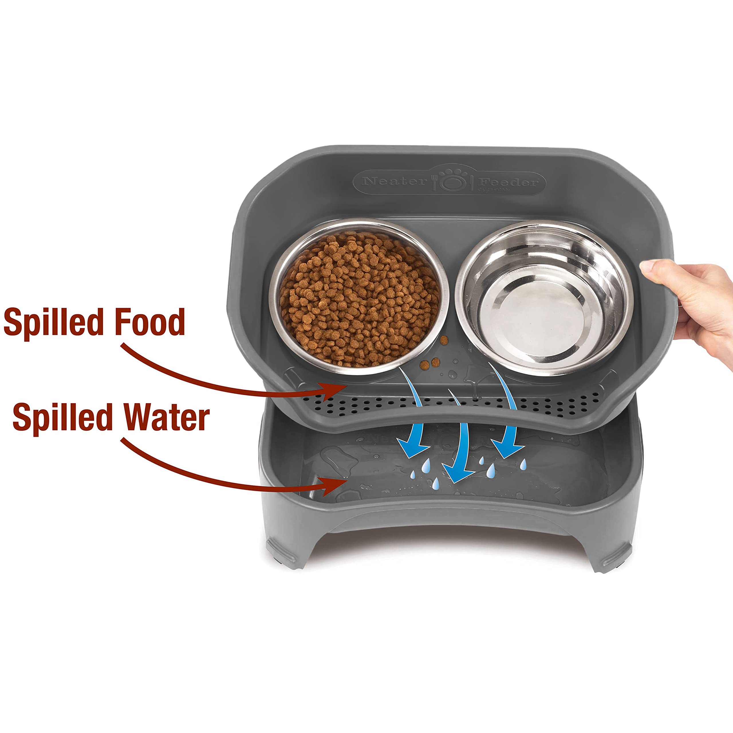 Neater Feeder Express Mess Proof Dog Bowls Elevated for Medium to Large Sized Breed, No Spill Raised Dog Food Bowl Stand, Stainless Steel Food and Water Bowl Set, Pet Dish Feeding Station, Grey