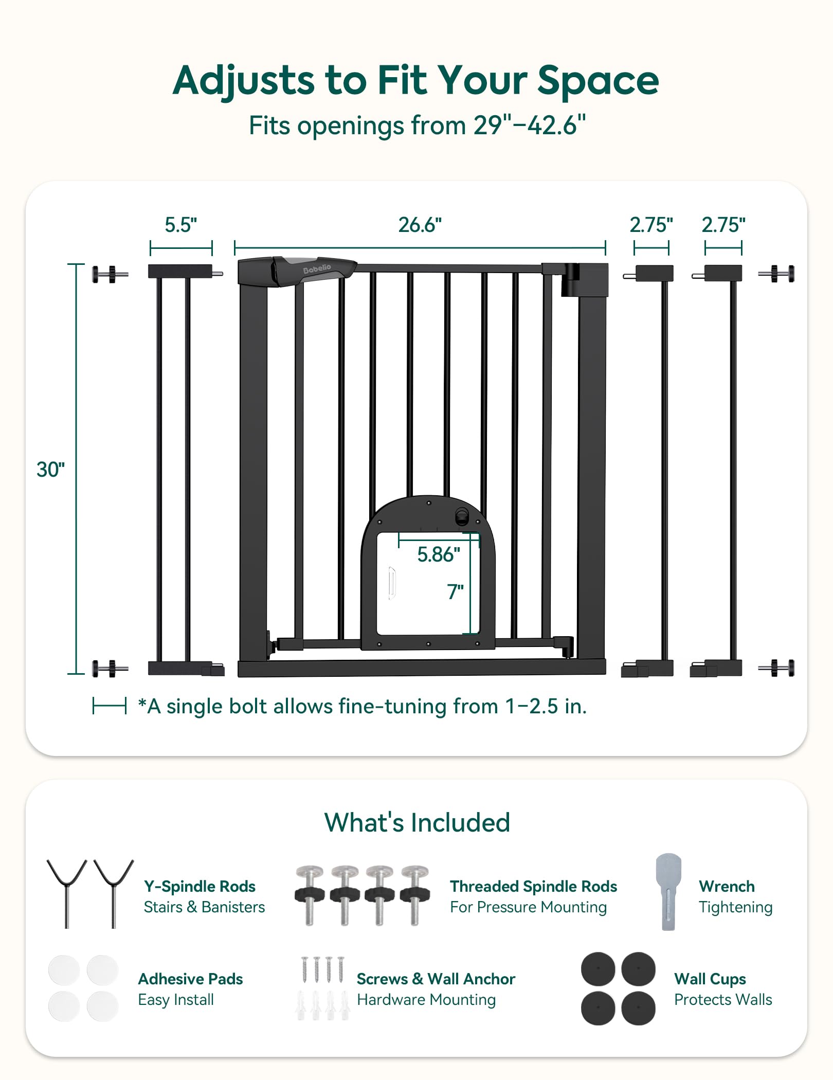 Babelio Upgraded Baby Gate with Cat Door, 29-43" Auto Close Durable Dog Gate for Stairs, Doorways and House, Easy Walk Thru Safety Gate with Pet Door Includes 4 Wall Cups, Black