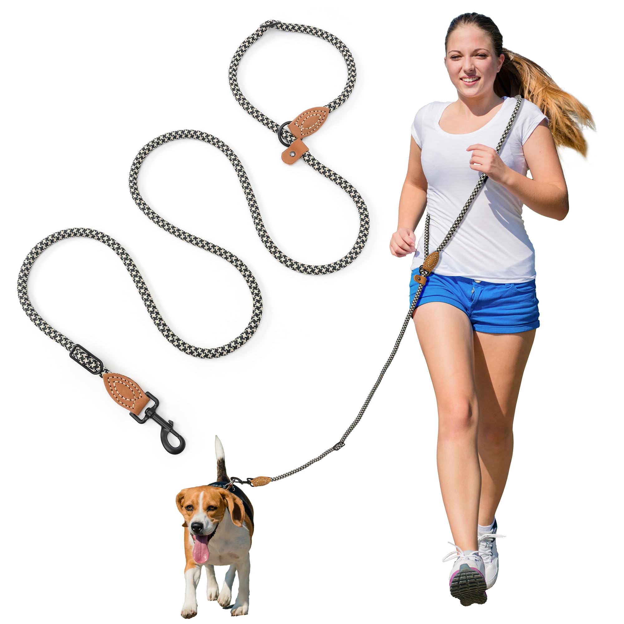 Mile High Life Hands Free Dog Leash, Crossbody Waist Leash with Genuine Leather Connection, Multifunctional Adjustable Slip Lead for Dog Walking Running (Black Khaki, 8FT)