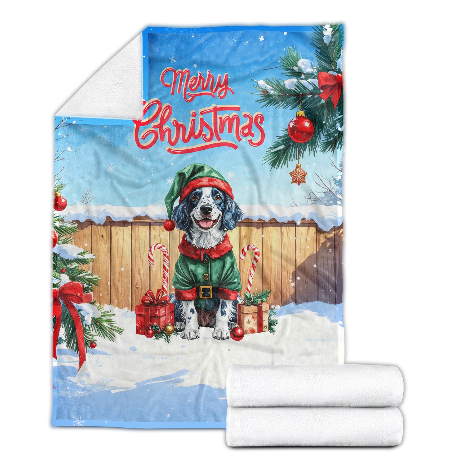 Merry Christmas Woofmas Xmas Noel English Setter Elf Candy Cane Snow Cozy Fleece Sherpa Blanket Dog Lover Warm Soft Throw Blanket 13017