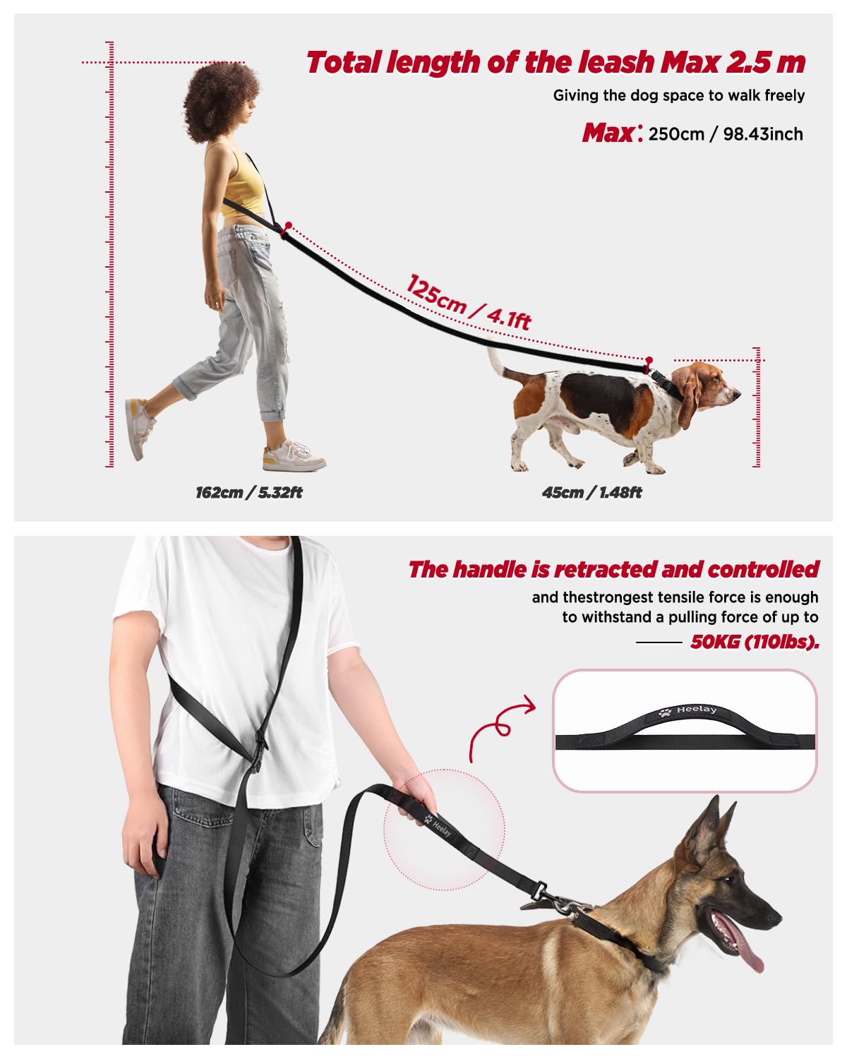 Heelay Hands Free Dog Leash, 5.9-8.2ft Multifunctional Crossbody Rope with Explosion-Proof Handle and Adjustable Training Hands Free Leash for Medium Dog Walking Jogging and Running
