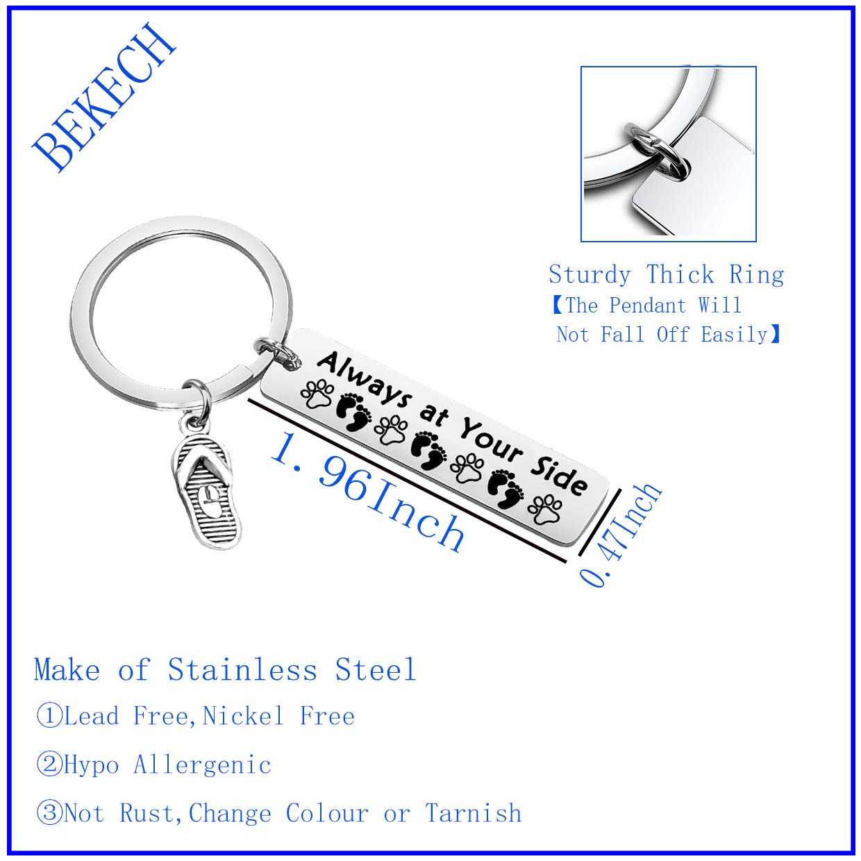 BEKECH Beach Lover Gift Dog Lover Gift Always at Your Side Paw Print Flip Flop Shoes Charm Keychain Sandy Feet Beach Jewelry Vacation Gift for Dog Lover(silver)