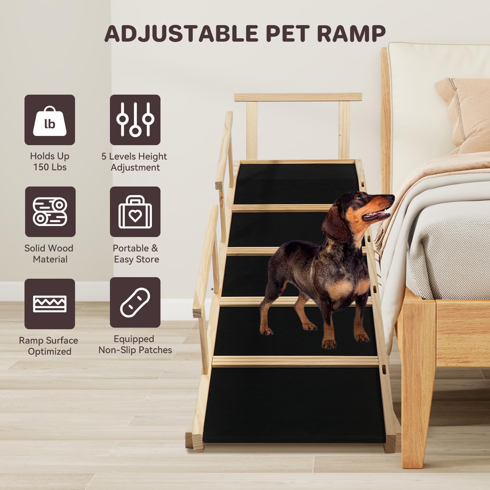 PANTAZO Dog Ramp for Bed PANTAZO Adjustable Ramps for Small Dogs to Get on Bed, Up to 28.5 Inches, 48'' Long,120lbs with Anti-Slip Grip & Safety Rail