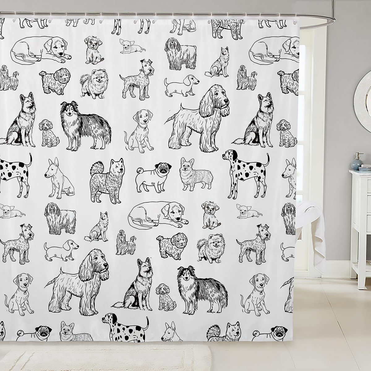 Homewish Cartoon Dog Shower Curtain Black White Dog Puppy Sketch Bathroom Curtains for Kids Girls Boys Adult Room Decor Cute Pet Animals Waterproof Quick Dry Fabric,12 Hooks,72" Wx72 L