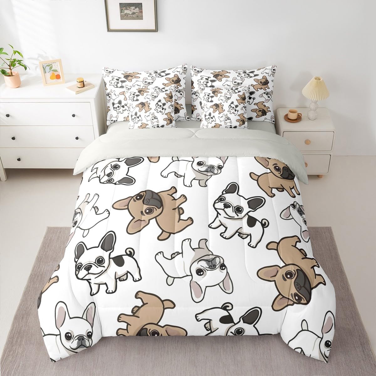 Manfei French Bulldogs Full Size Comforter,Cute Cartoon Animal Bedding Set 7 Piece, Pet Dog Lover Puppy Decor for Boys Girls,Brown White（Fitted+Sheet+2 Pillowcases+2 Throw Pillow Covers）