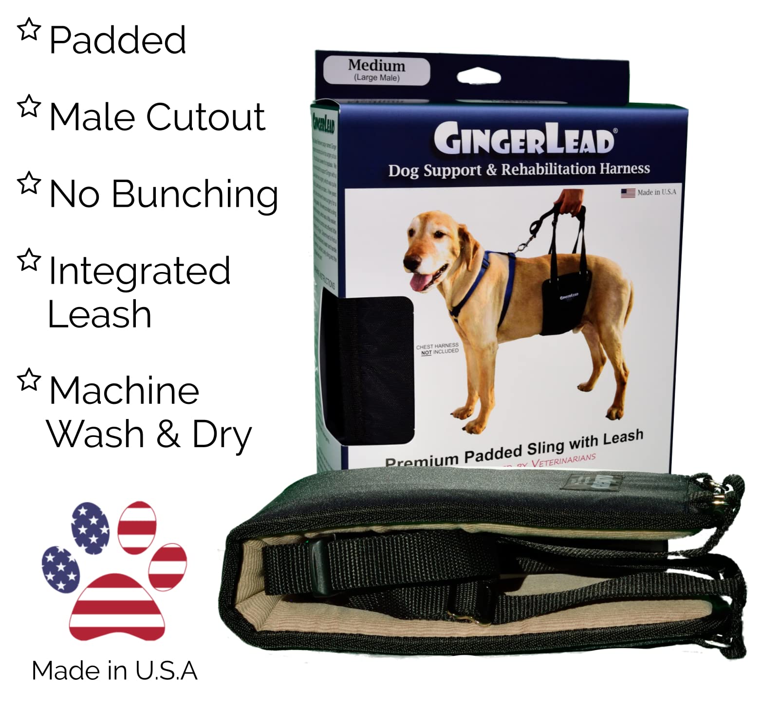 GINGERLEAD Dog Rear Support Sling Harness, M/LG Unisex with Cutout Fits Male & Female Dogs. Padded Hip Lifting Aid Helps Old Pets Walk, K9s Recover from TPLO Surgery. Integrated Leash. Made in U.S.A.
