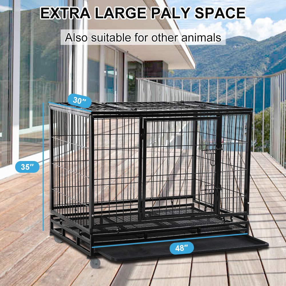 48" Heavy Duty Dog Crate – Large Metal Dog Cage with Lockable Wheels, Double Door & Tray – Secure Indoor Outdoor Kennel Playpen for Training – Strong Pet Enclosure, Black