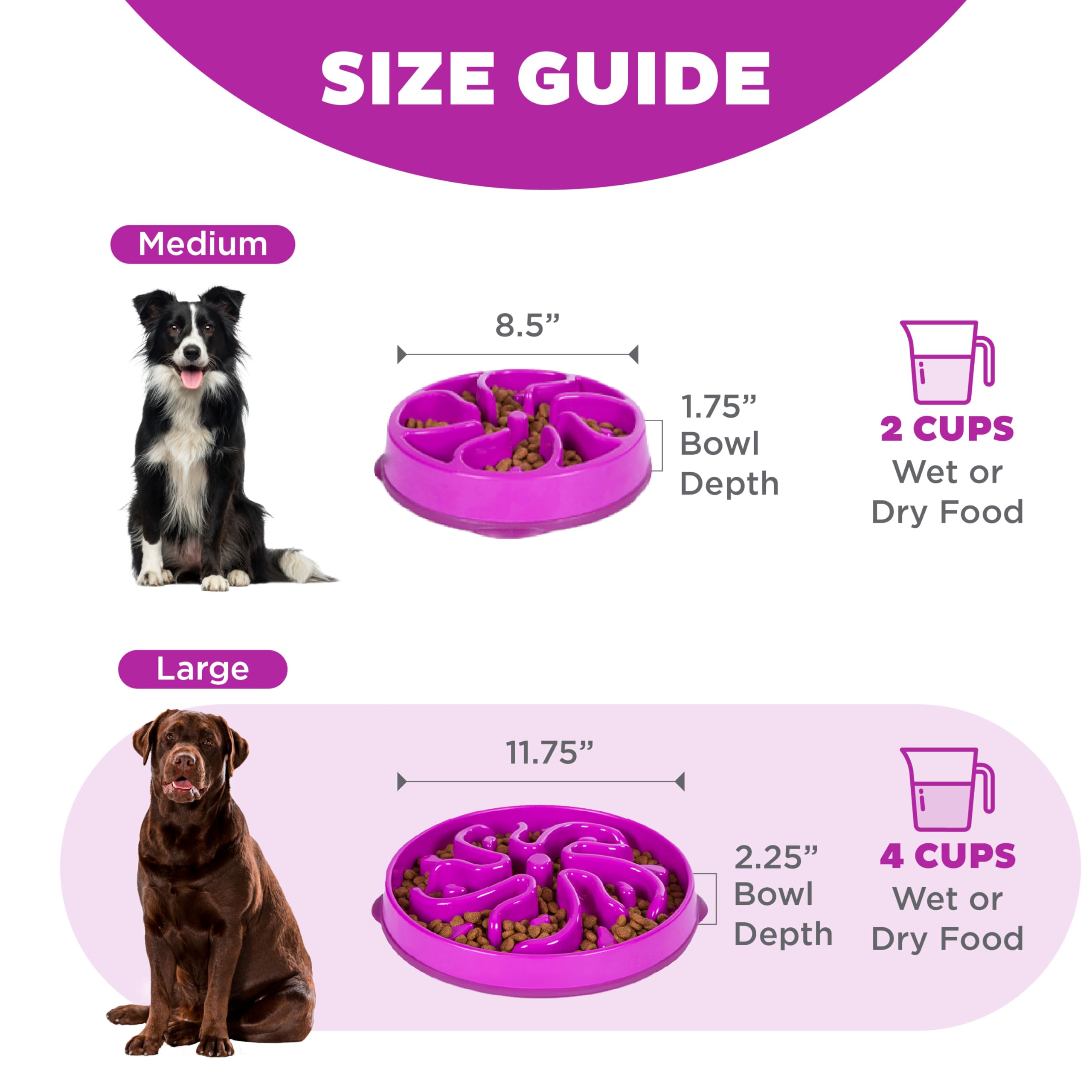 Outward Hound Fun Feeder Slo Bowl – Large 4‑Cup Capacity, Slow Feeding, Medium to Large Dogs, Non‑Slip, Purple, Flower Pattern