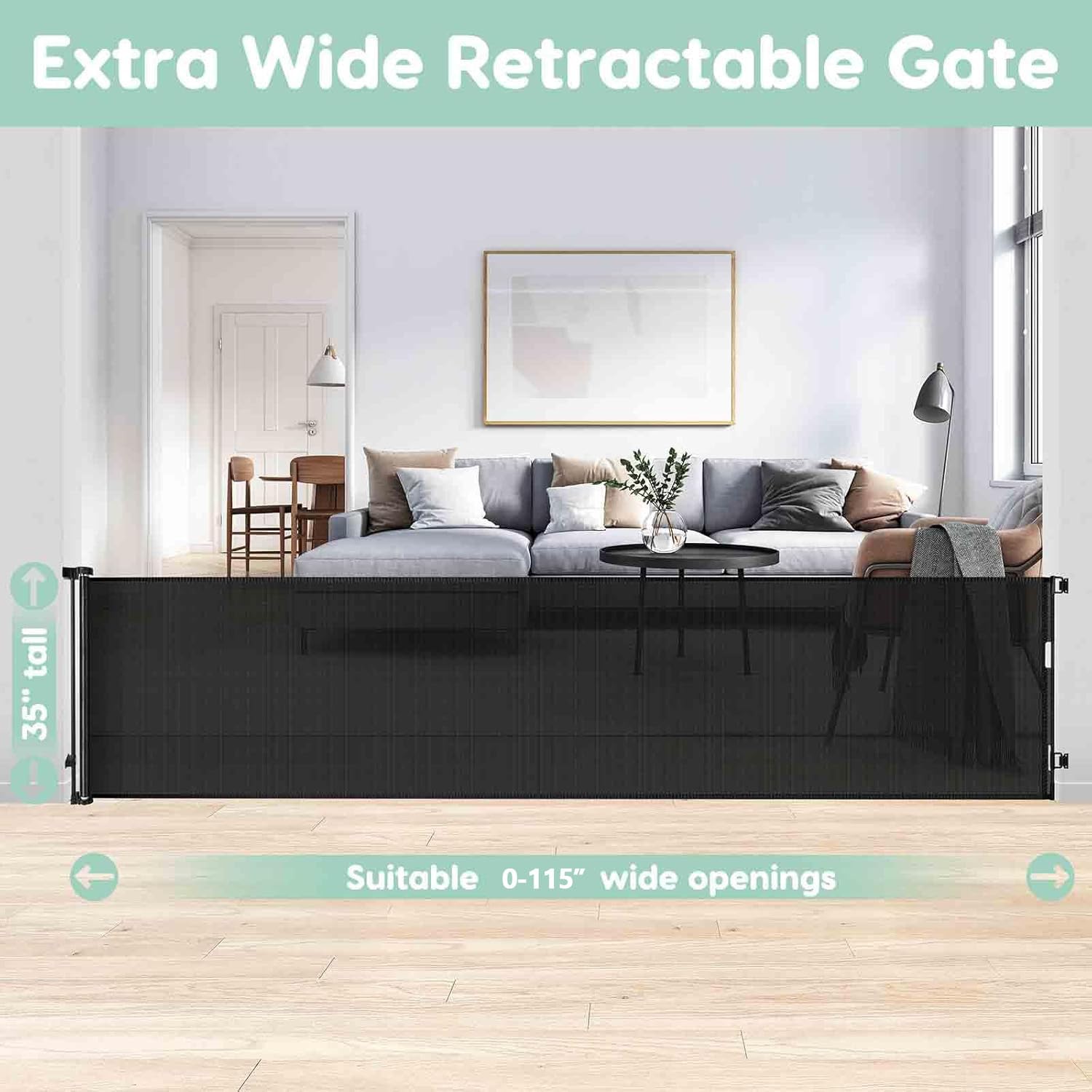 115 Inch Retractable House Gate - Extra Wide, Baby & Dog Safe