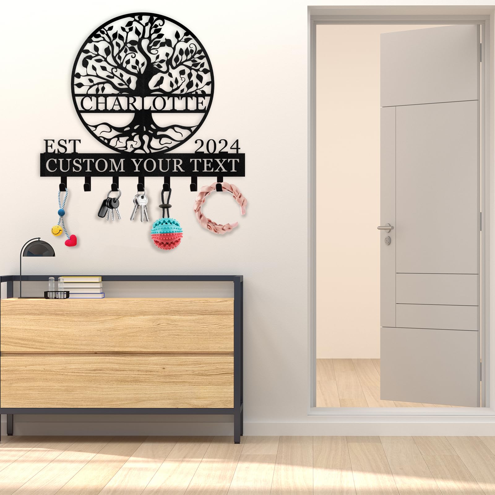 Dyoart, Personalized Key Holder Wall Mount - Custom Name Tree of Life Key Holder for Wall, Metal Key Rack Coat Rack for Front Door, Living Room, Kitchen, Housewarming Wedding Gift