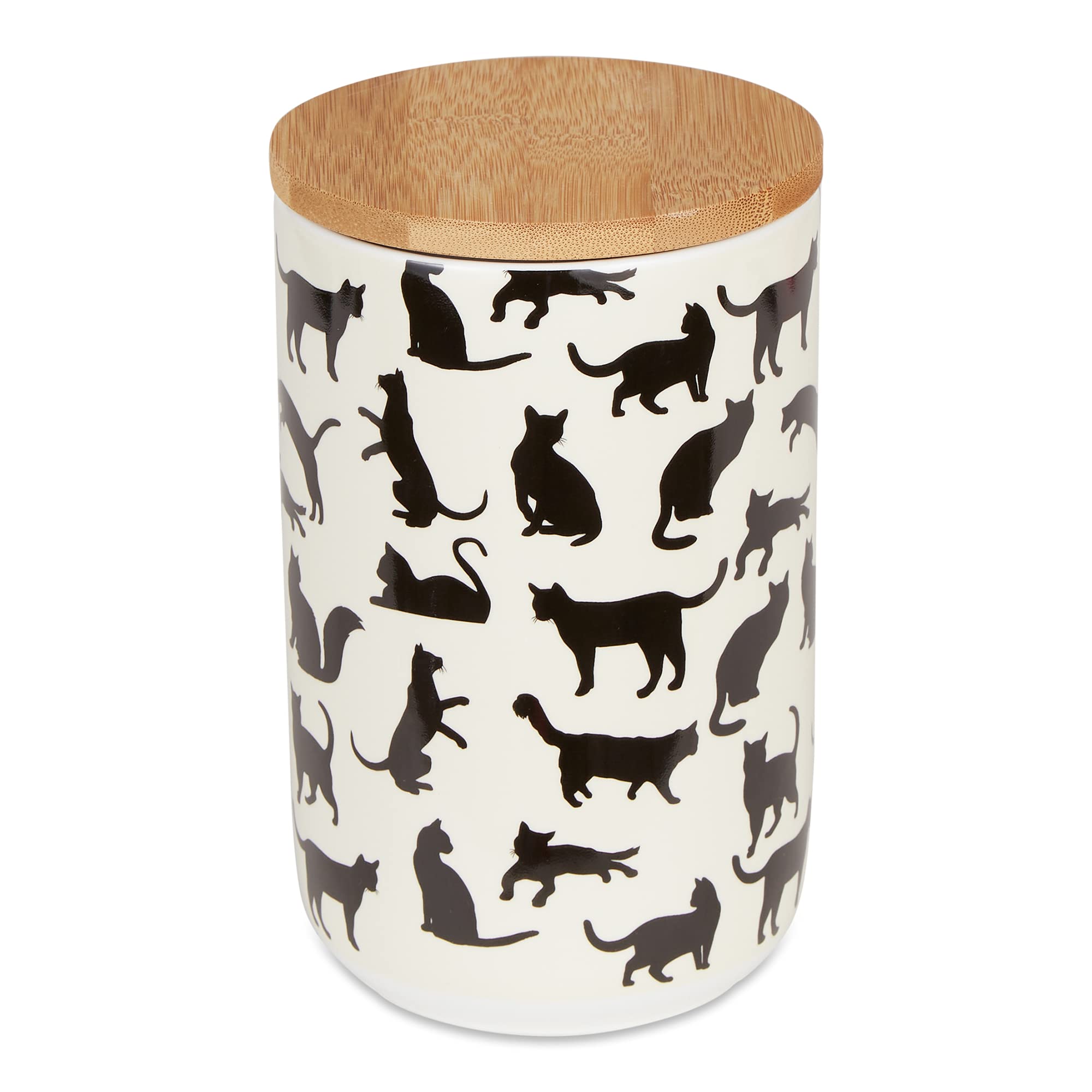 Bone Dry Ceramic Treat Jar for Cats and Dogs, Bamboo Lid, Dishwasher Safe Canister, 4x6.5", Black/White, Cat Treats