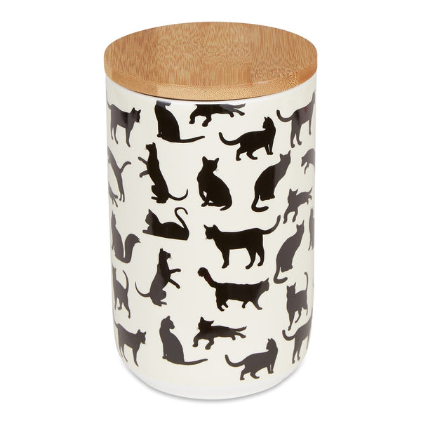 Bone Dry Ceramic Treat Jar for Cats and Dogs, Bamboo Lid, Dishwasher Safe Canister, 4x6.5", Black/White, Cat Treats