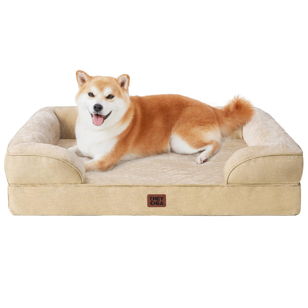 EHEYCIGA Orthopedic Dog Beds for Large Dogs, Waterproof Memory Foam Large Dog Bed with Sides, Non-Slip Bottom and Egg-Crate Foam Pet Couch Bed with Washable Removable Cover, Greige