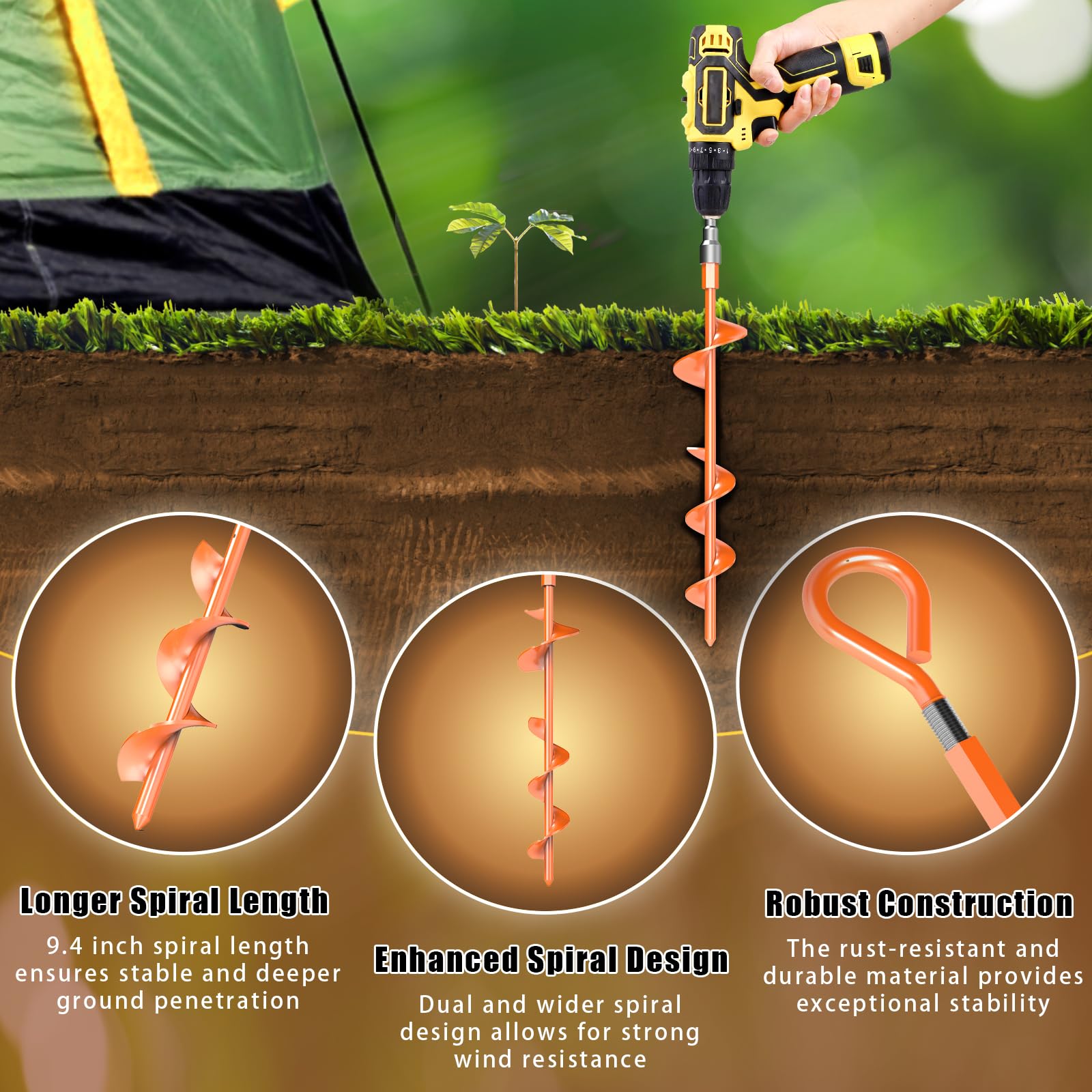 15 Inch Ground Anchors Screw in, 6 Pack Heavy Duty Earth Anchors with T Handle Hex Wrench and Power Nut Driver, Metal Trampoline Stakes Spiral Anchor Kit for Tent, Shed, Swing Set, Car Port, Canopy