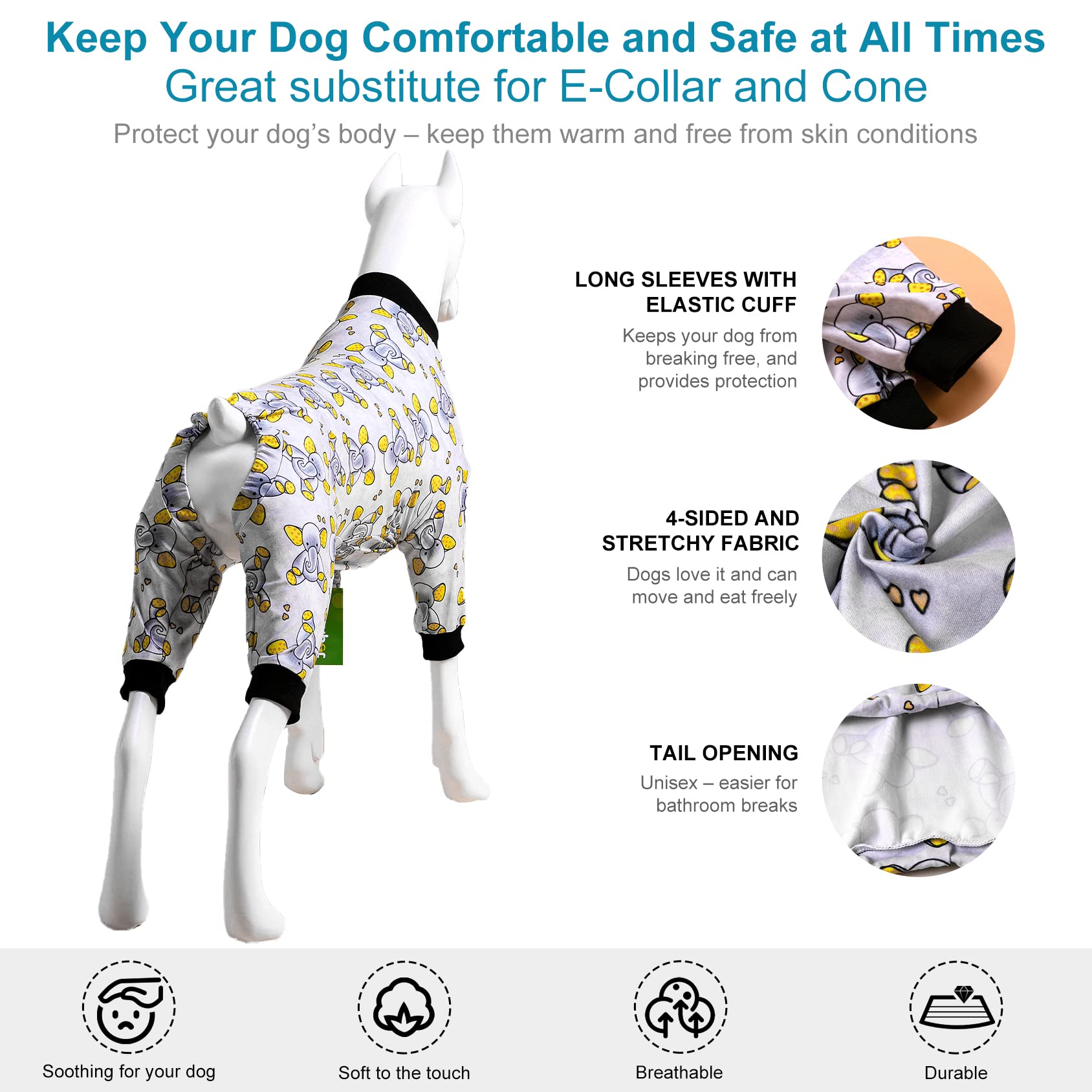 LovinPet Big Dogs Pajamas Clothes, Sleepytime Elephants Print, Pajamas for Pitbulls, Post Surgery Dog Shirt, Wound Care Large Dog Onesies, Lightweight Pullover, Full Coverage Large Breed Dog Pjs, 3XL