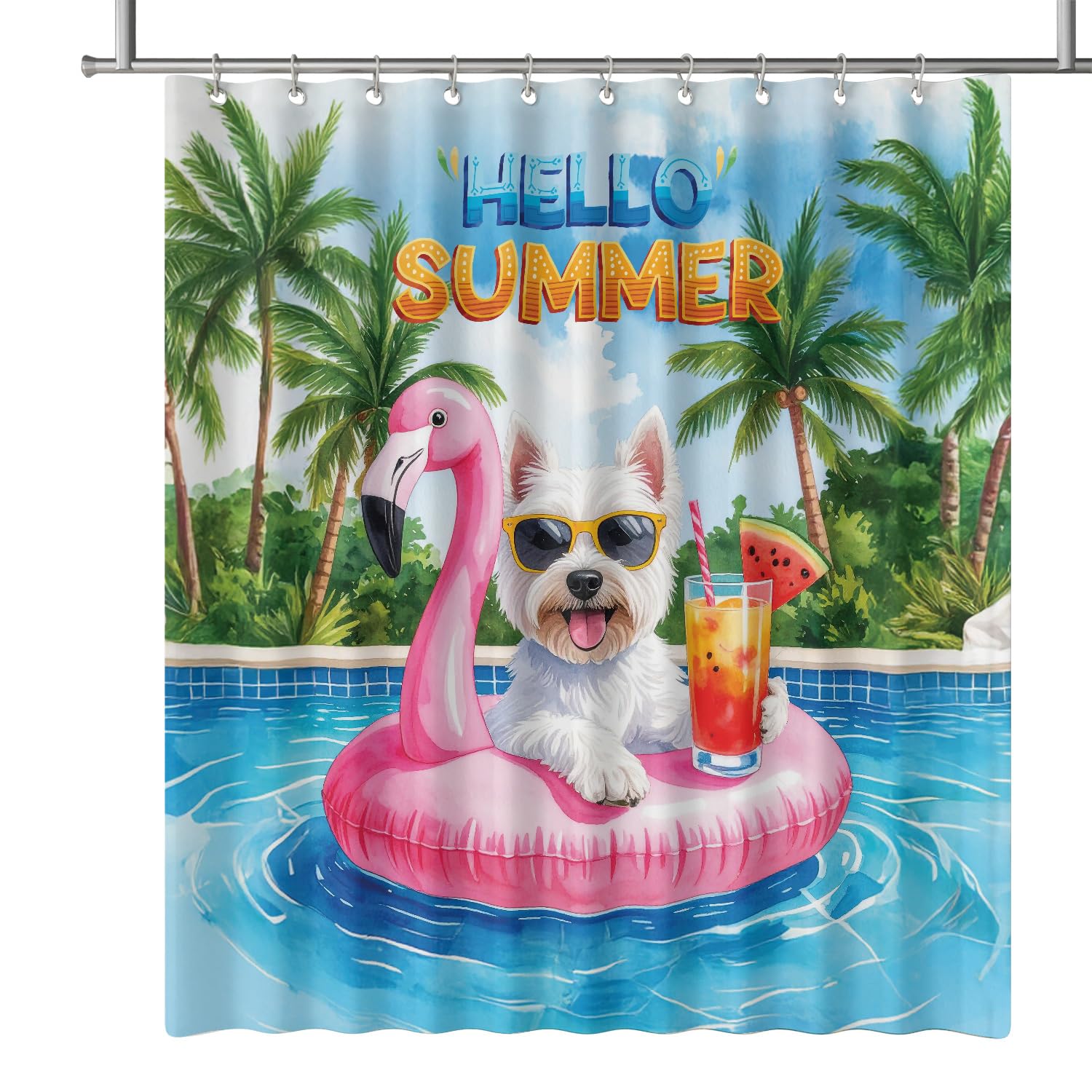 Ninety3POD Hello Summer West Highland White Terrier at Swimming Pool Flamingo Swim Ring Shower Curtain Westie Westy Dog Lover Waterproof Bathroom Bathtub Curtain 12009